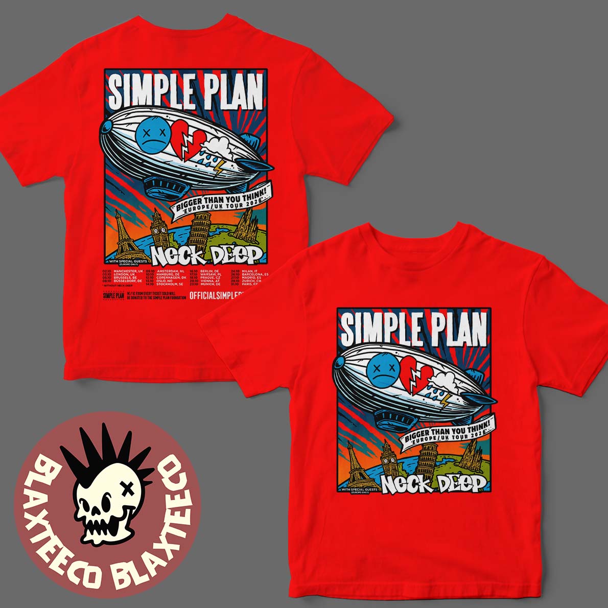 Simple Plan Bigger Than You Think Europe And UK Tour - Adult & Kids T-Shirts, Sweatshirts & Hoodies apparel design preview 1