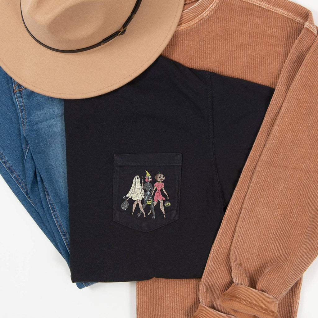 Girls Trick or Treat Retro Halloween Pocket - Adult & Kids T-Shirts, Sweatshirts & Hoodies apparel design preview 1