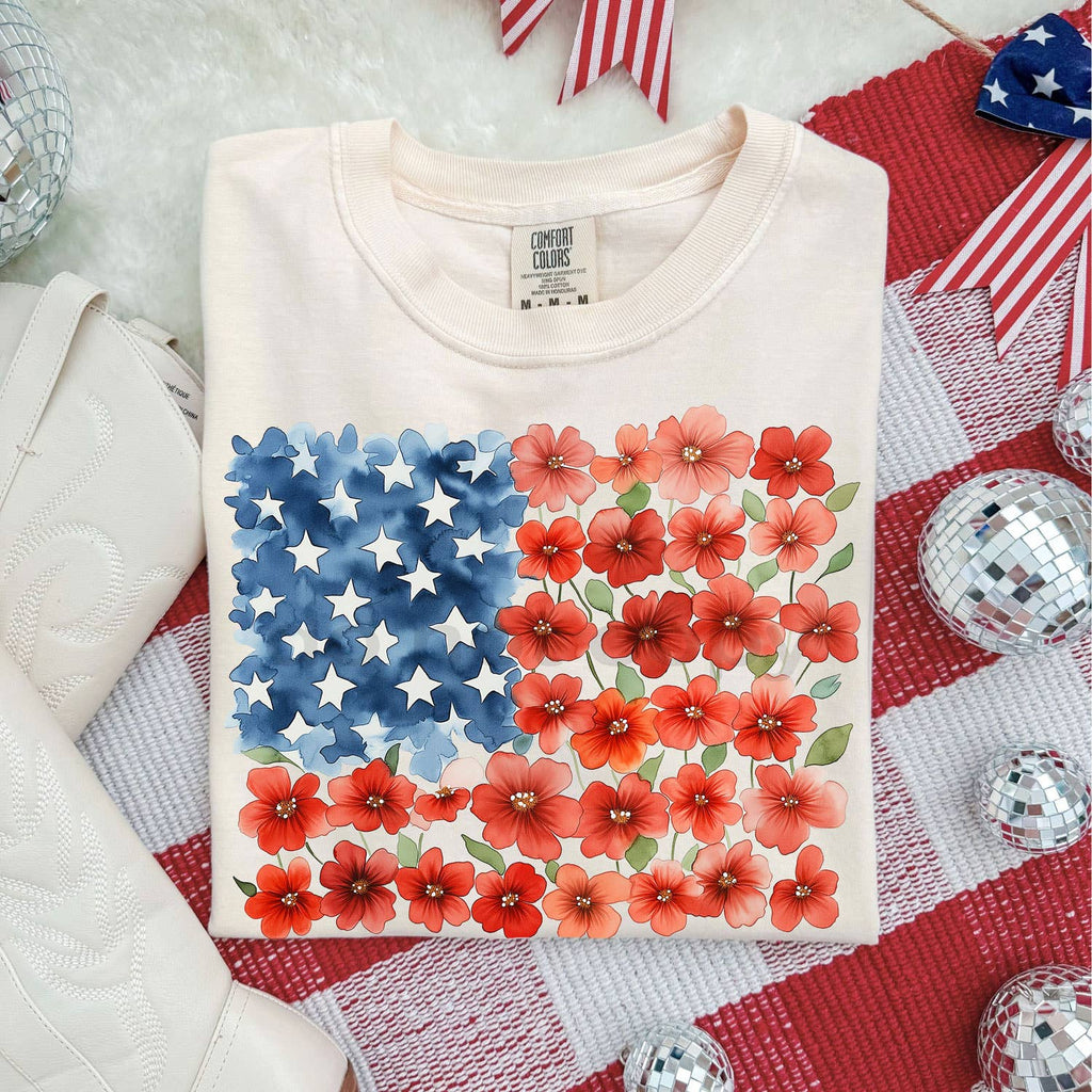 Floral Watercolor American Flag - Adult & Kids T-Shirts, Sweatshirts & Hoodies apparel design preview 1