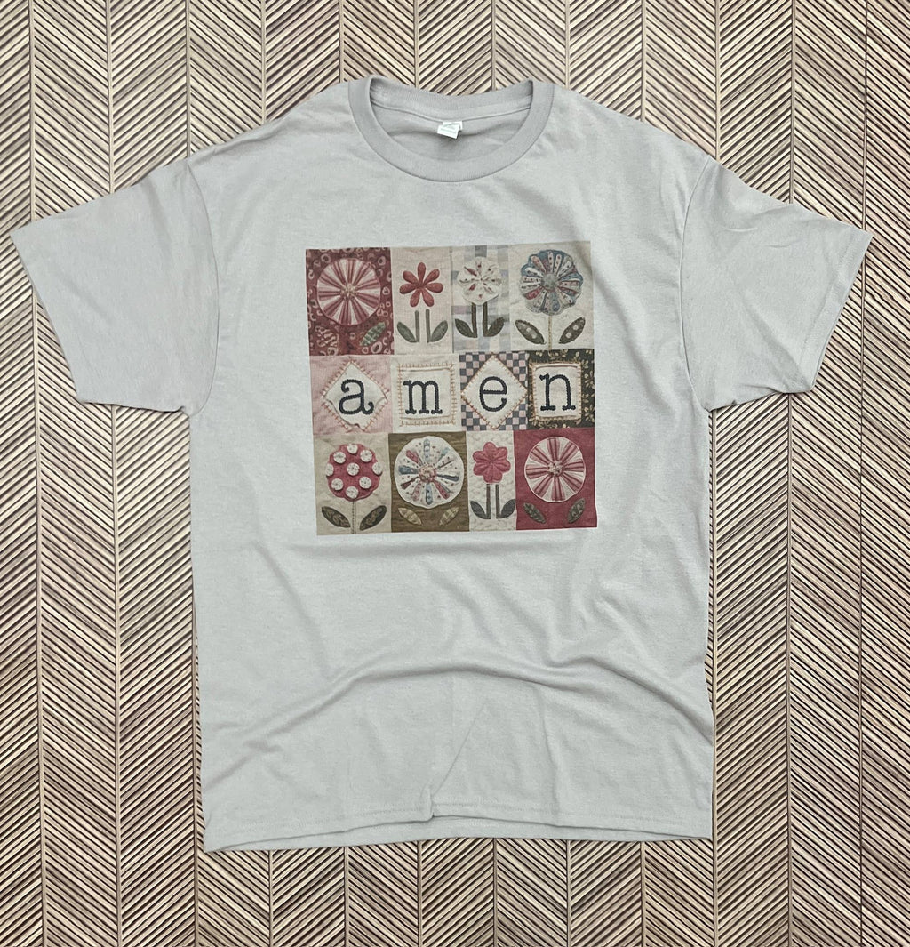 Vintage Amen Patchwork Quilt On Silver - Adult & Kids T-Shirts, Sweatshirts & Hoodies apparel design preview 1