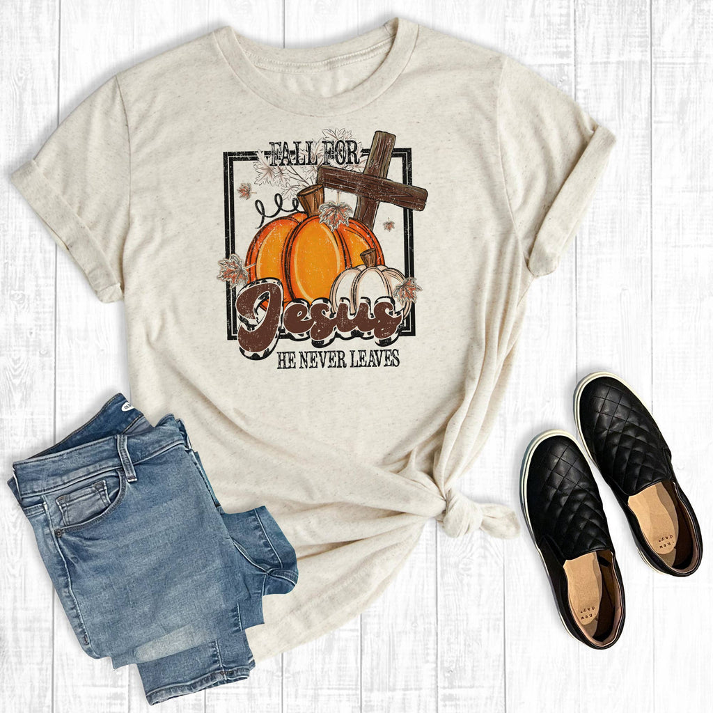 Fall For Jesus He Never Leaves - Adult & Kids T-Shirts, Sweatshirts & Hoodies apparel design preview 1