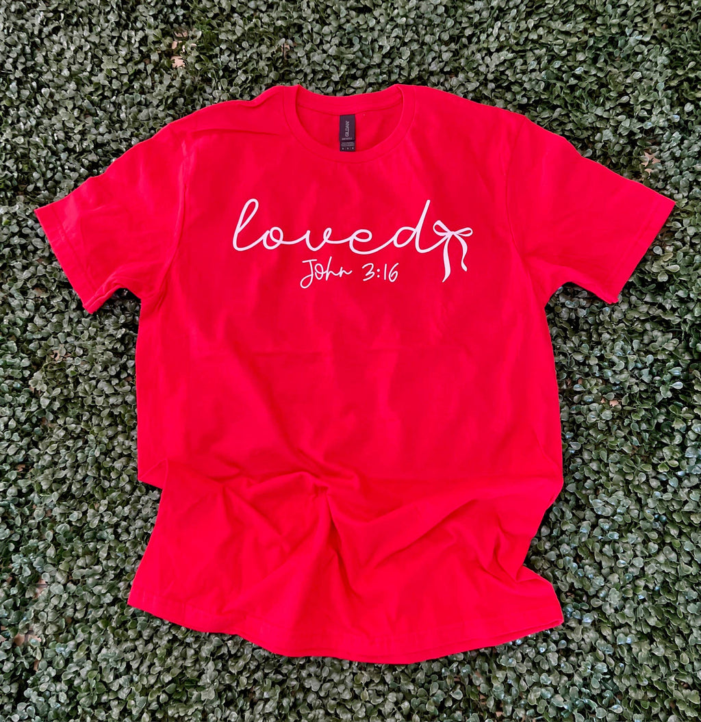 Loved with Bow On Gildan Softstyle Red - Adult & Kids T-Shirts, Sweatshirts & Hoodies apparel design preview 1