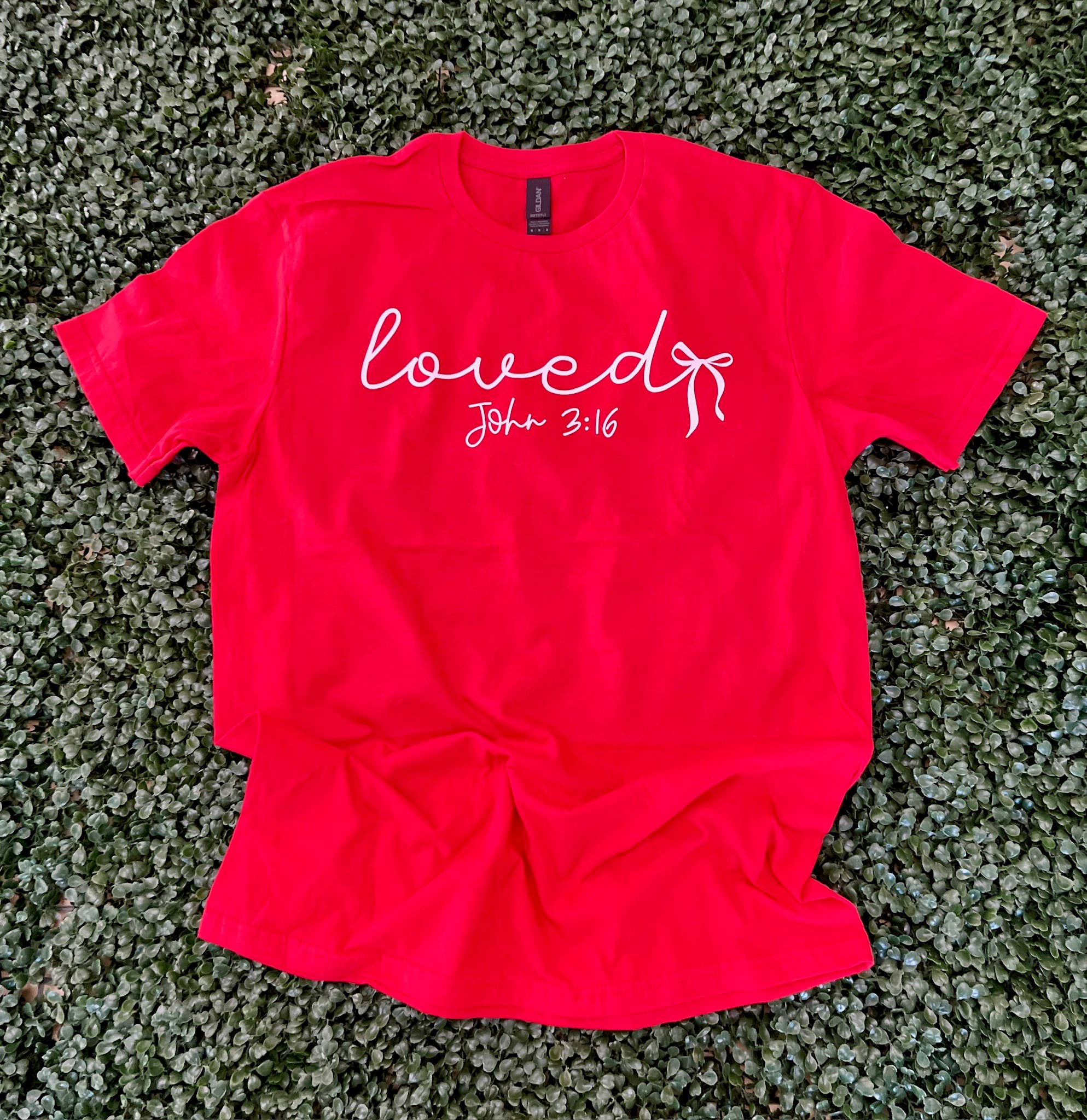 Loved with Bow On Gildan Softstyle Red - Adult & Kids T-Shirts, Sweatshirts & Hoodies apparel design preview 1