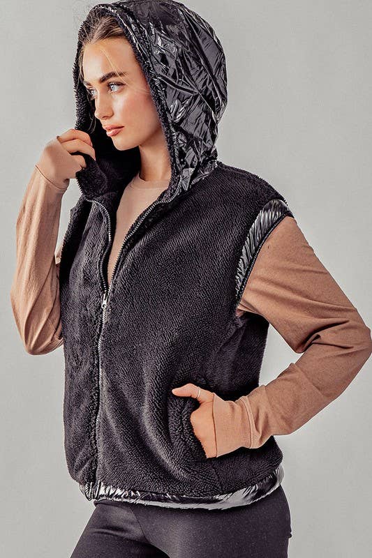 Plush Faux Fur Zip Up with Contrast Trim Hooded Vest - Adult & Kids T-Shirts, Sweatshirts & Hoodies apparel design preview 1