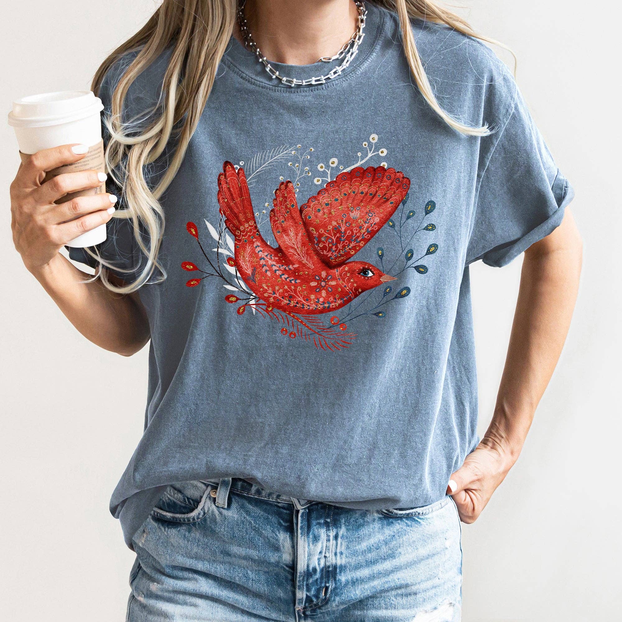 Red Bird, Folk Art, Scandinavian, Winter, Christmas, - Adult & Kids T-Shirts, Sweatshirts & Hoodies apparel design preview 1