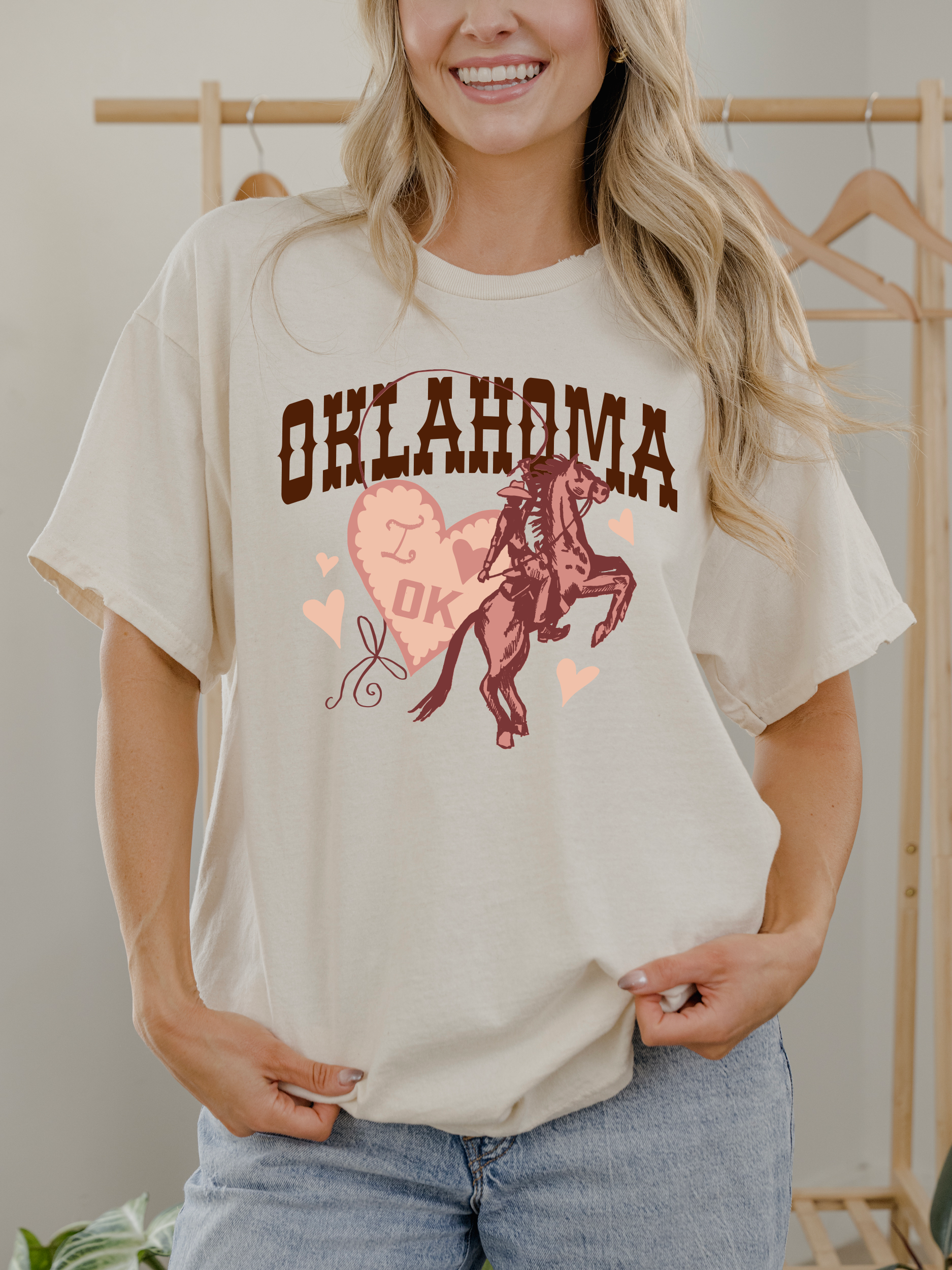 Oklahoma Hearts and Horses Off White Thrifted Graphic - Adult & Kids T-Shirts, Sweatshirts & Hoodies apparel design preview 1