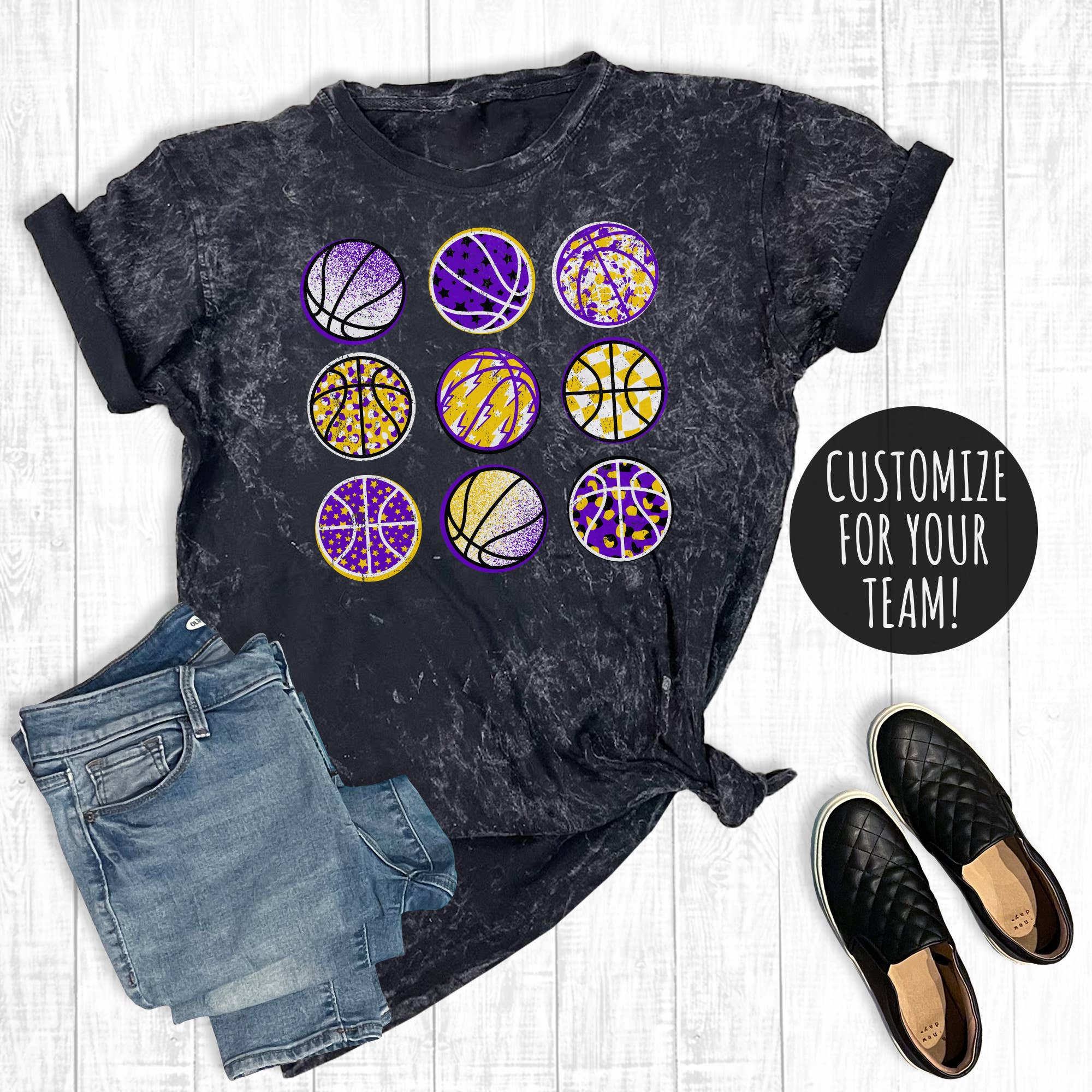 Custom Team Color Basketballs Mineral Wash Graphic - Adult & Kids T-Shirts, Sweatshirts & Hoodies apparel design preview 1