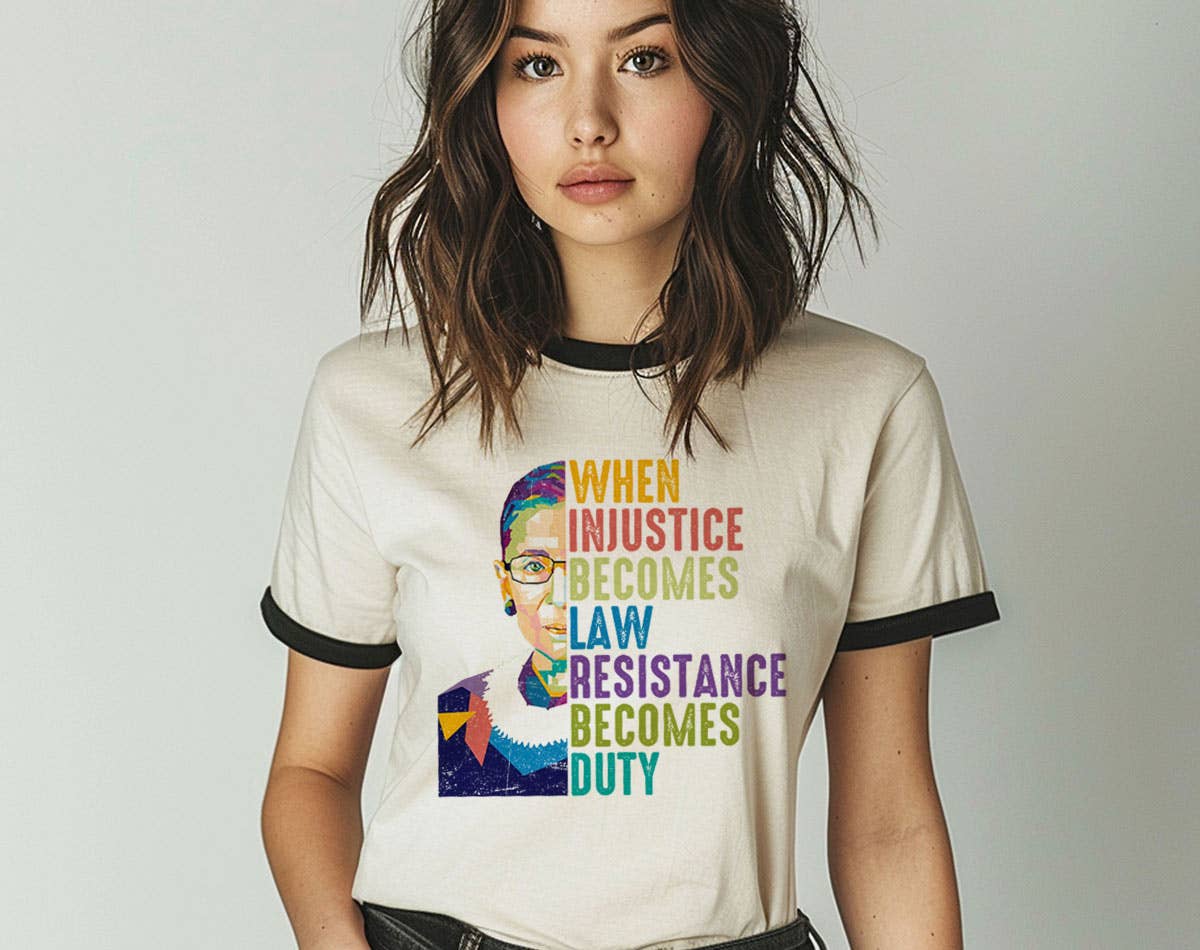 When Injustice Becomes Law Political Rbg Ringer - Adult & Kids T-Shirts, Sweatshirts & Hoodies apparel design preview 1