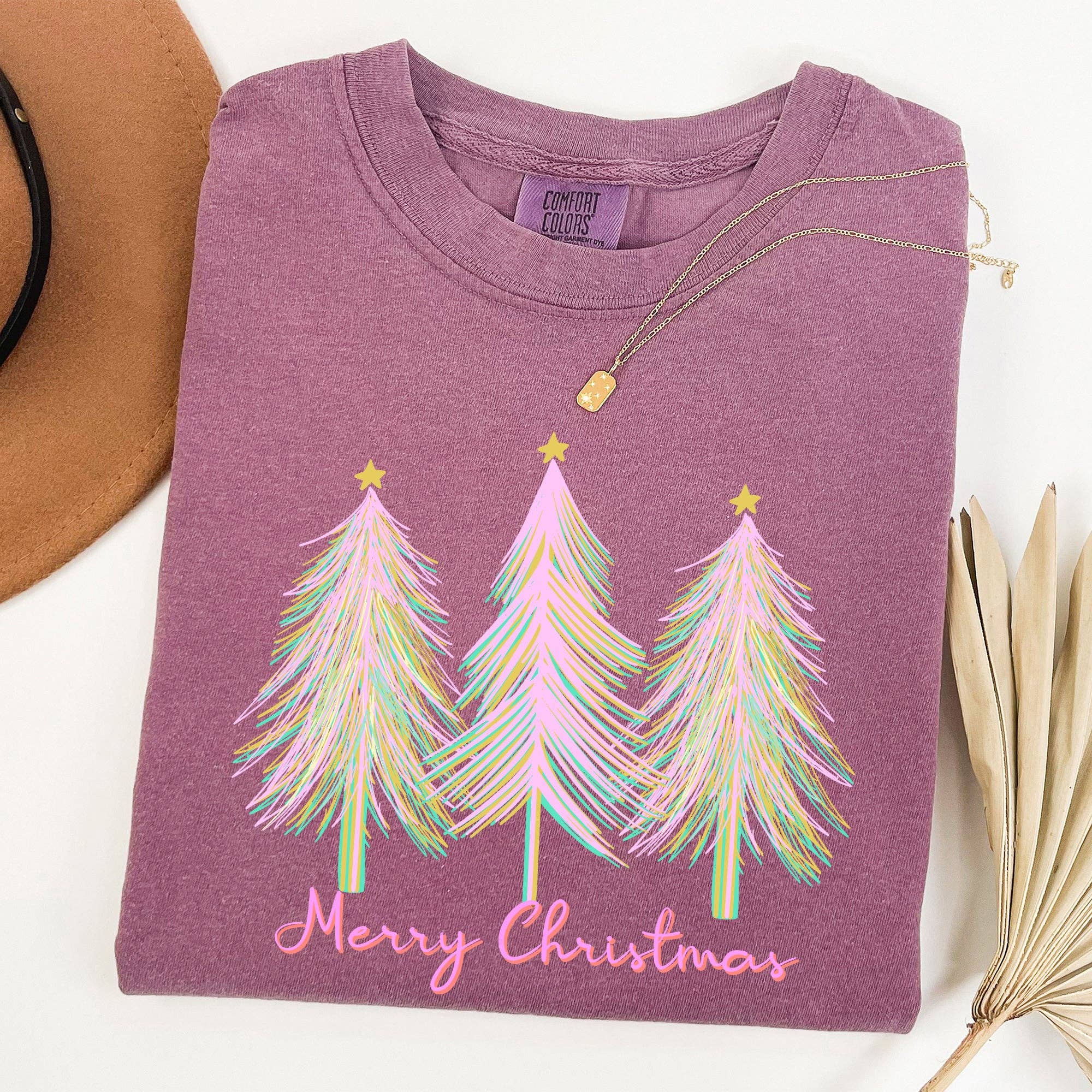 Merry Christmas, Pastel Trees, Winter, Santa, Xmas - Adult & Kids T-Shirts, Sweatshirts & Hoodies apparel design preview 1
