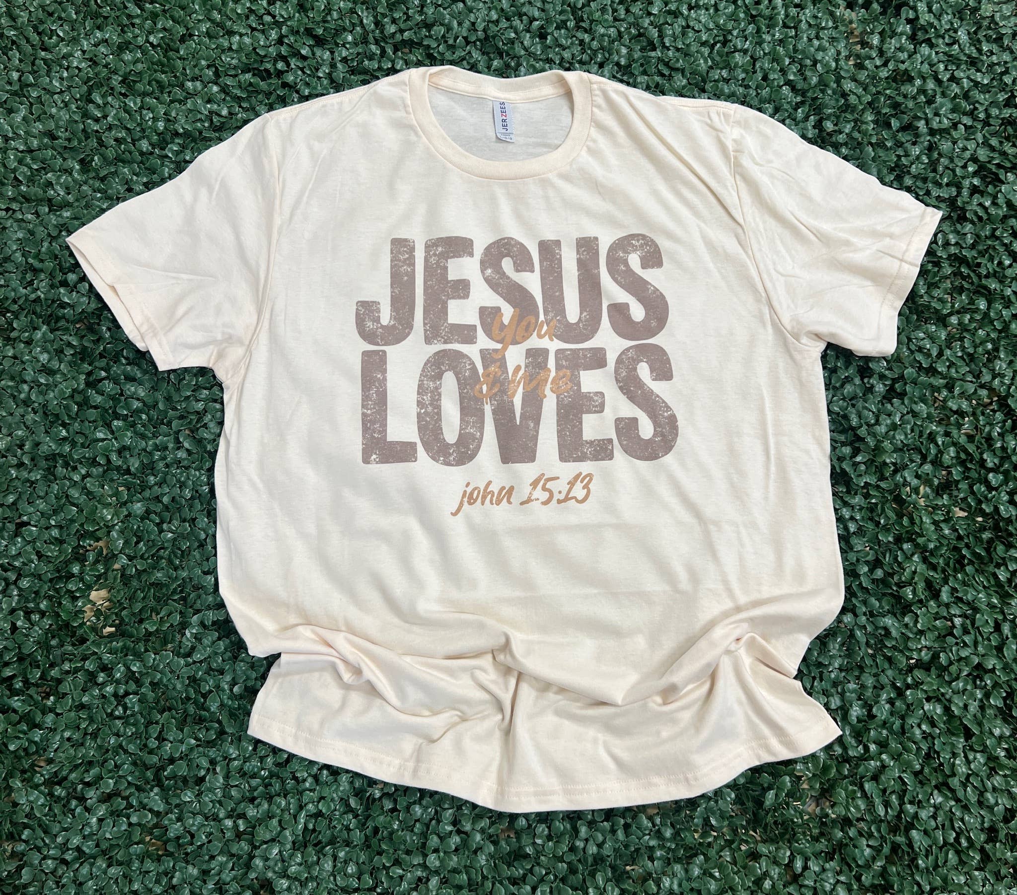 Distressed Jesus Loves You and Me On Cream - Adult & Kids T-Shirts, Sweatshirts & Hoodies apparel design preview 1