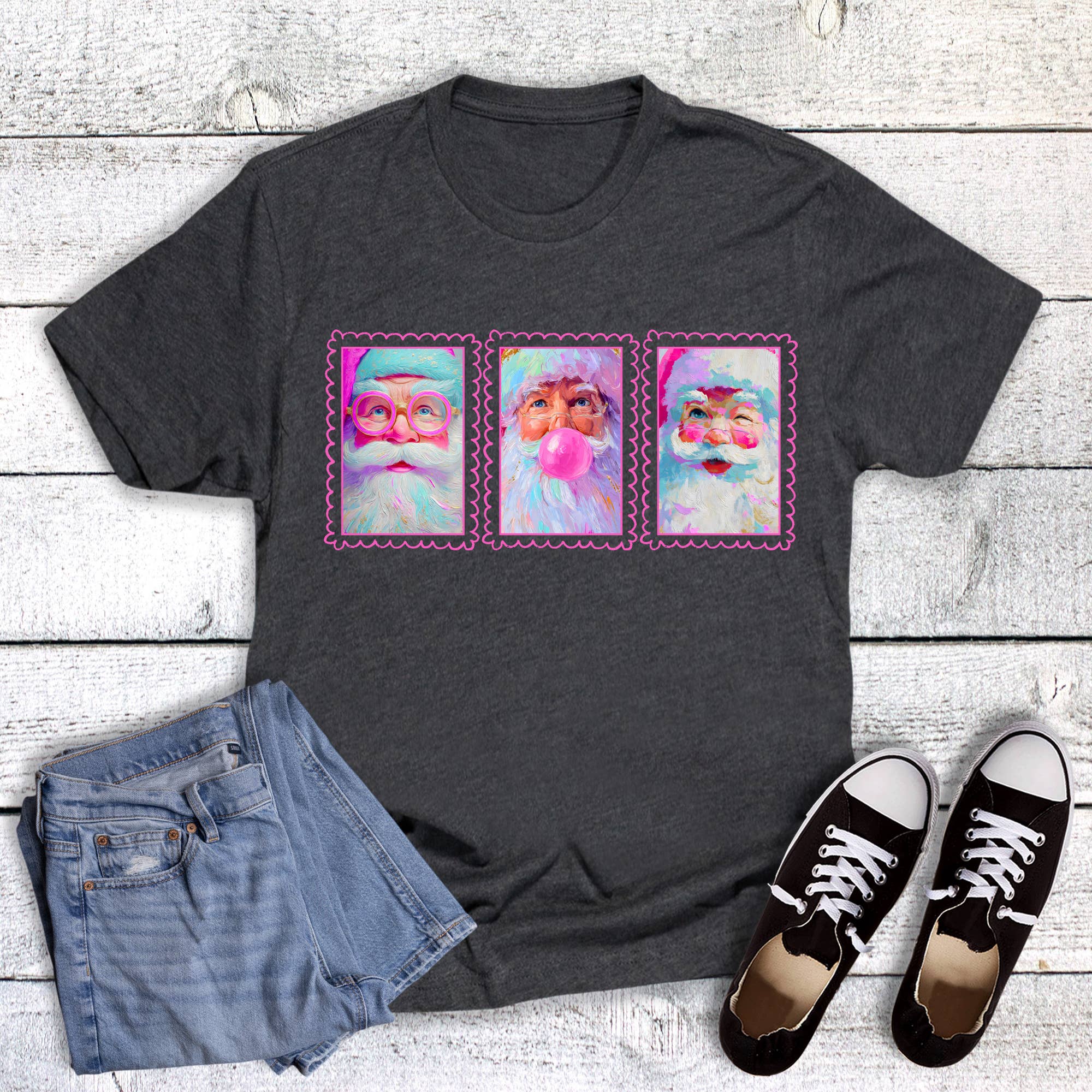 Christmas Pink Santa Trio Graphic - Adult & Kids T-Shirts, Sweatshirts & Hoodies apparel design preview 1