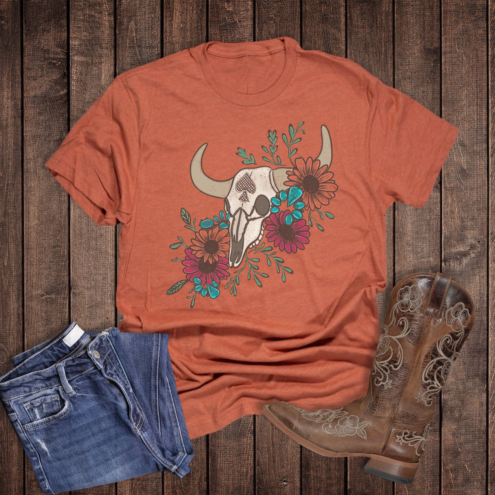Western Spade Floral Skull Graphic - Adult & Kids T-Shirts, Sweatshirts & Hoodies apparel design preview 1