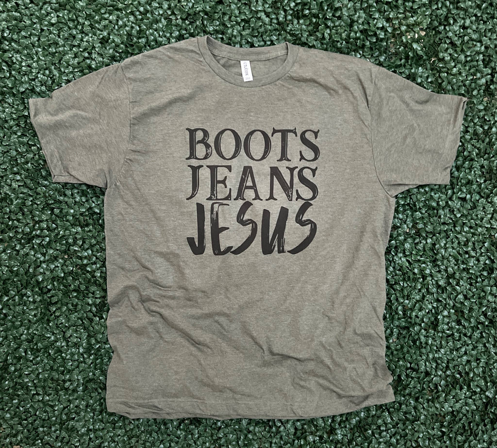 Boots Jeans Jesus On Tultex Heather Military Green - Adult & Kids T-Shirts, Sweatshirts & Hoodies apparel design preview 1
