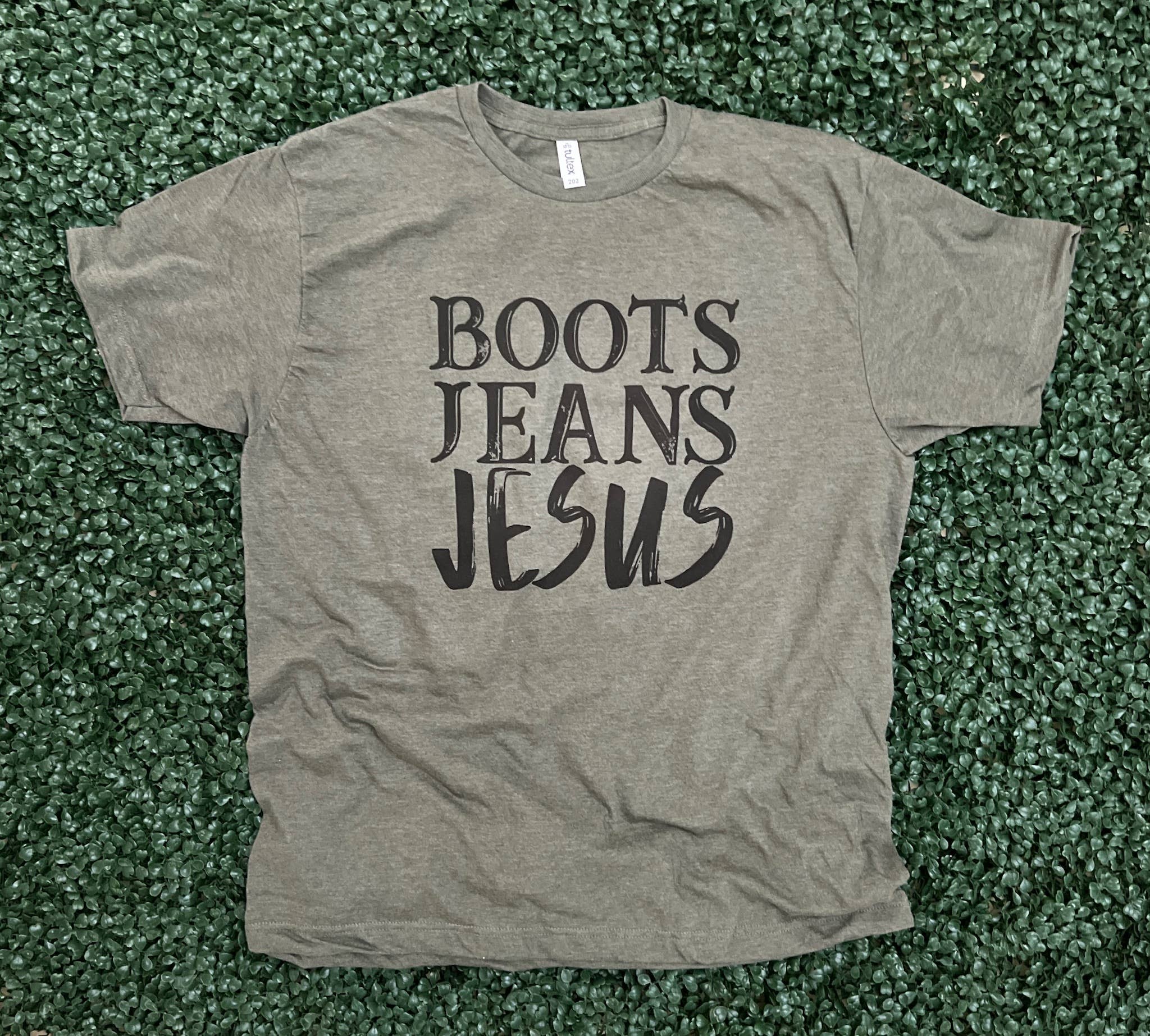 Boots Jeans Jesus On Tultex Heather Military Green - Adult & Kids T-Shirts, Sweatshirts & Hoodies apparel design preview 1