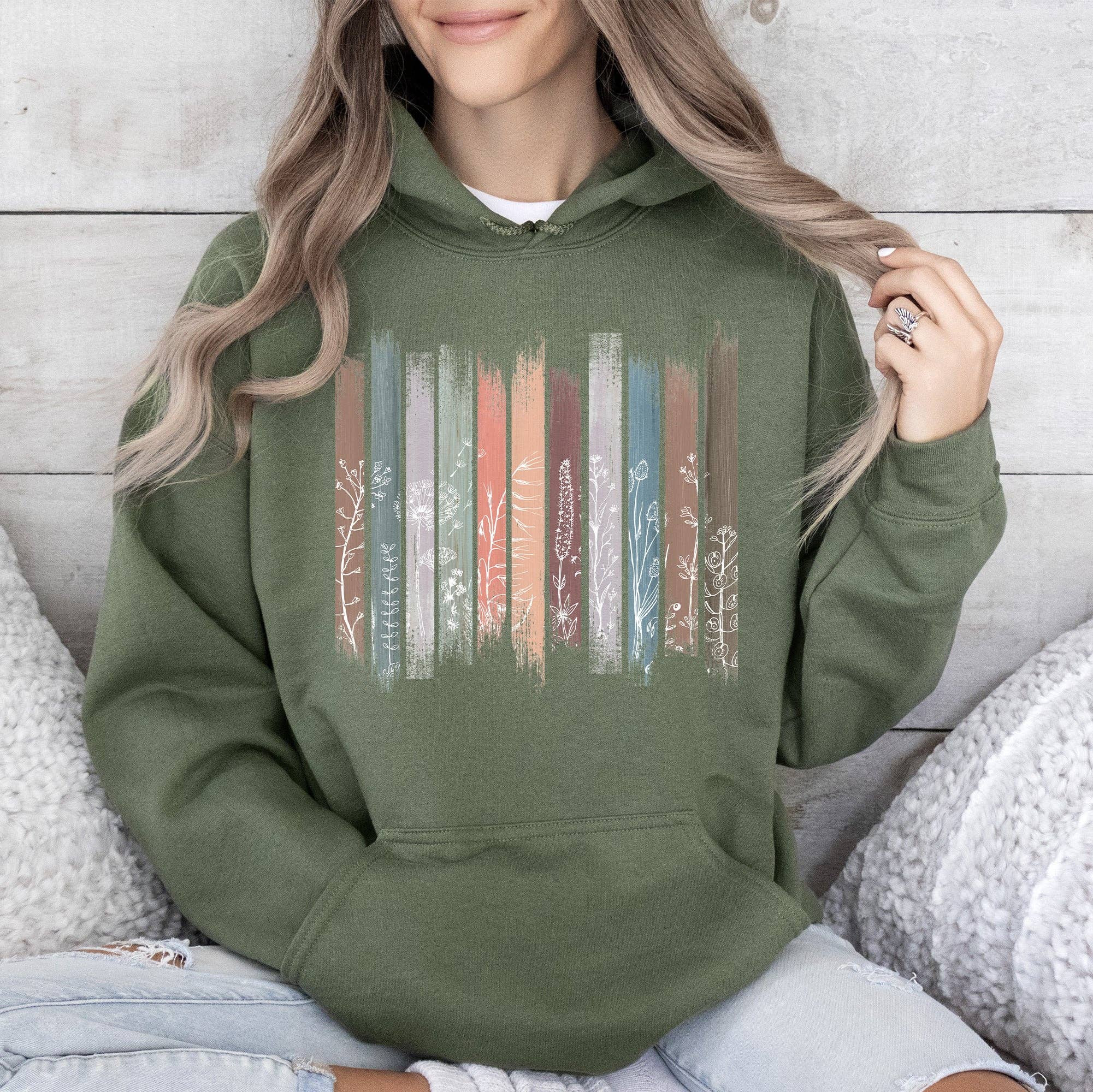 Wildflowers, Nature, Floral, Botanical Stripes - Adult & Kids T-Shirts, Sweatshirts & Hoodies apparel design preview 1