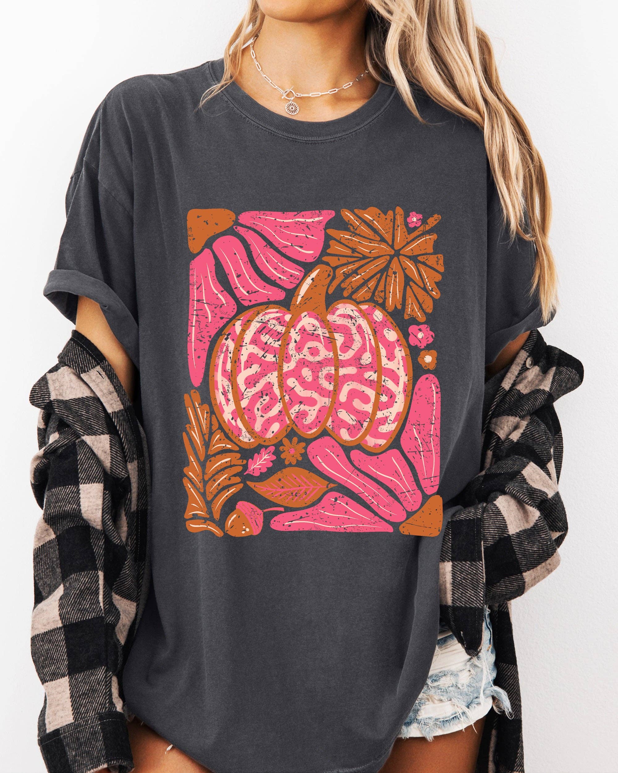 Retro Floral, Pink, Pumpkin, Halloween, Fall, Autumn - Adult & Kids T-Shirts, Sweatshirts & Hoodies apparel design preview 1