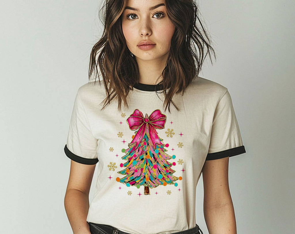 Coquette Christmas Tree Pink Bow Snow Flakes Ringer - Adult & Kids T-Shirts, Sweatshirts & Hoodies apparel design preview 1