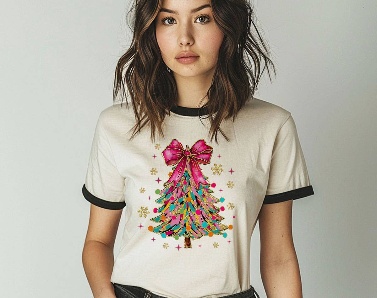 Coquette Christmas Tree Pink Bow Snow Flakes Ringer - Adult & Kids T-Shirts, Sweatshirts & Hoodies apparel design preview 1