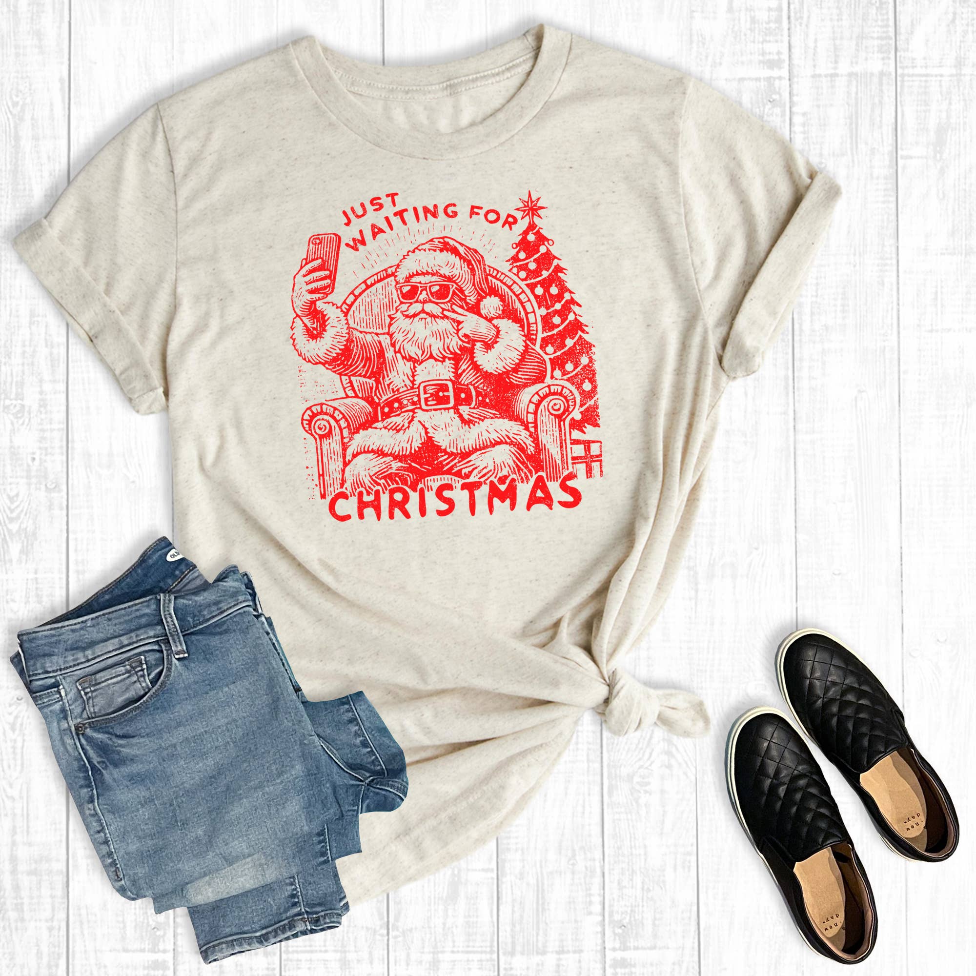 Retro Christmas Santa Just Waiting For Graphic - Adult & Kids T-Shirts, Sweatshirts & Hoodies apparel design preview 1