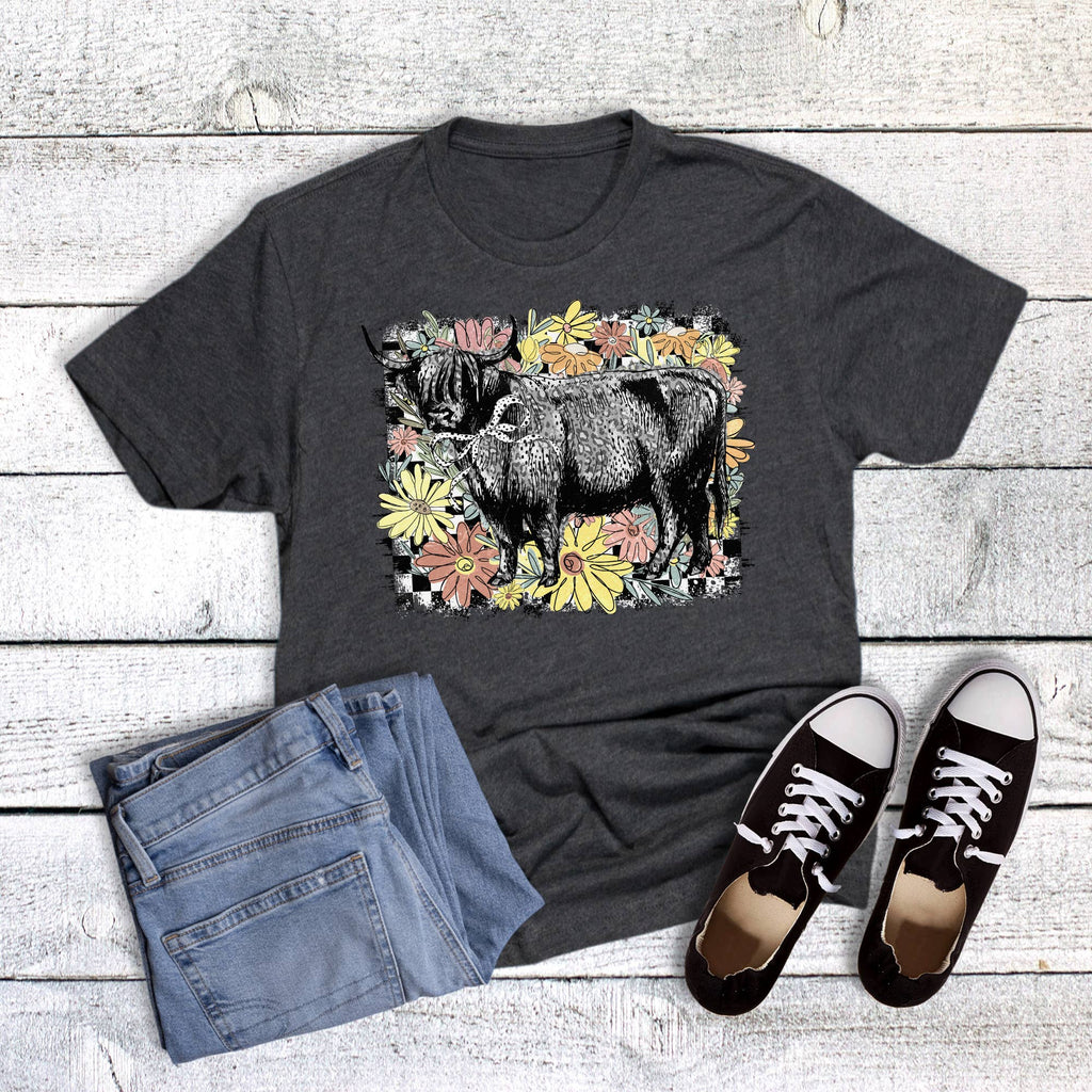 Checker Wildflower Highland Cow Graphic - Adult & Kids T-Shirts, Sweatshirts & Hoodies apparel design preview 1