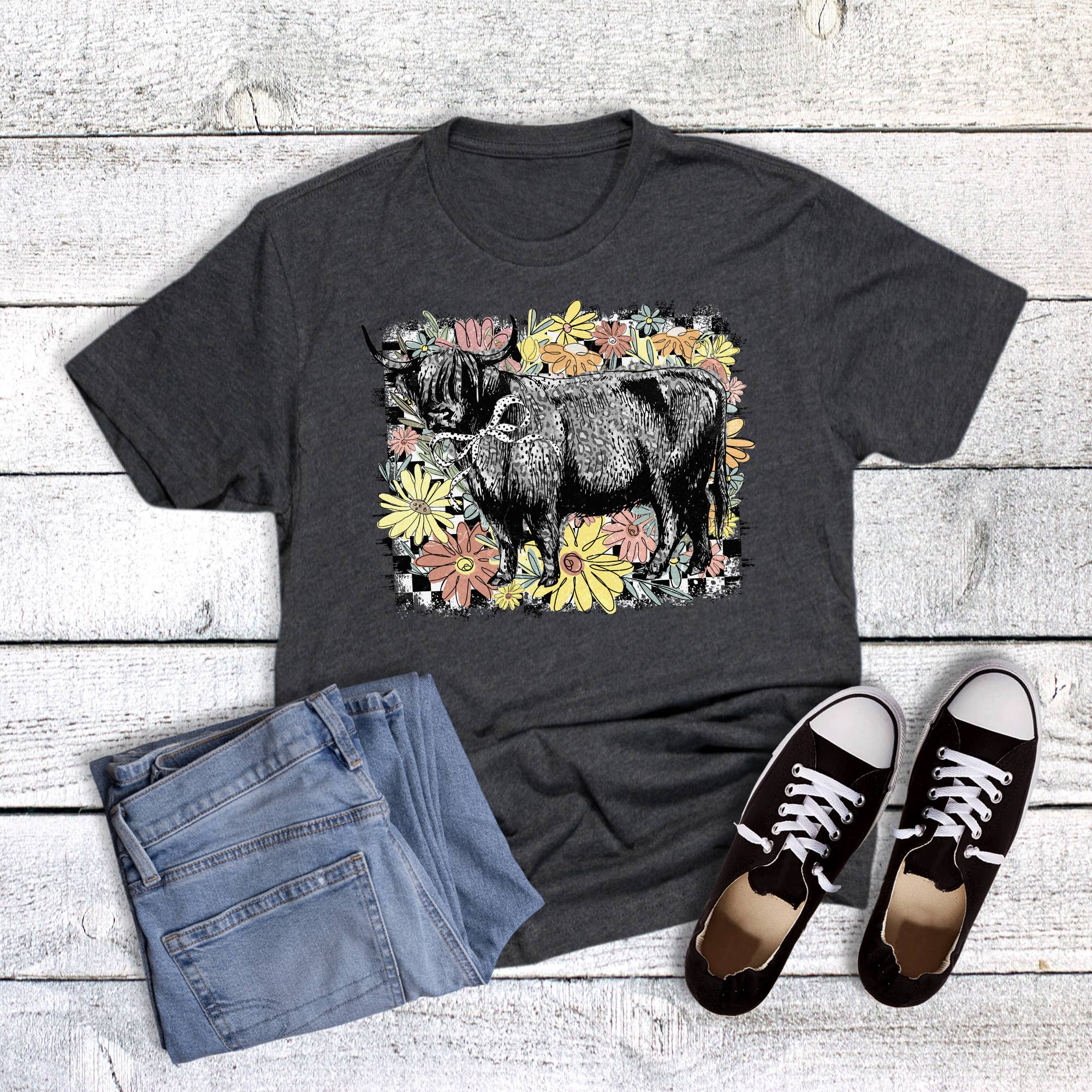 Checker Wildflower Highland Cow Graphic - Adult & Kids T-Shirts, Sweatshirts & Hoodies apparel design preview 1