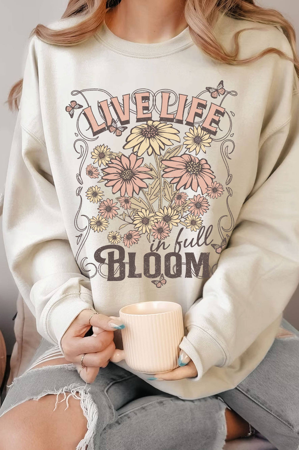 Live Life in Full Bloom Flower Graphic Brushed - Adult & Kids T-Shirts, Sweatshirts & Hoodies apparel design preview 1