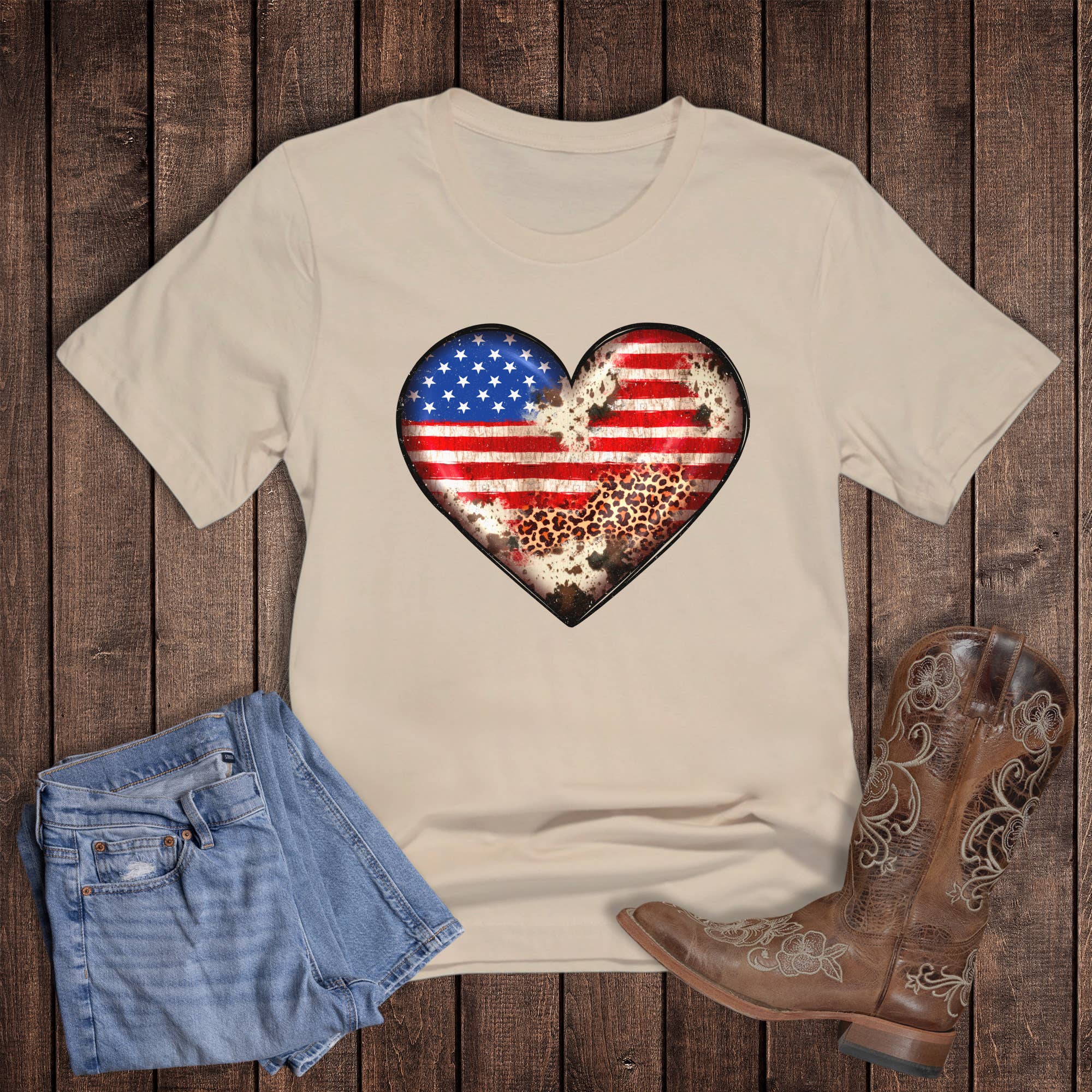 Patriotic Western Flag Cowhide Heart Graphic - Adult & Kids T-Shirts, Sweatshirts & Hoodies apparel design preview 1