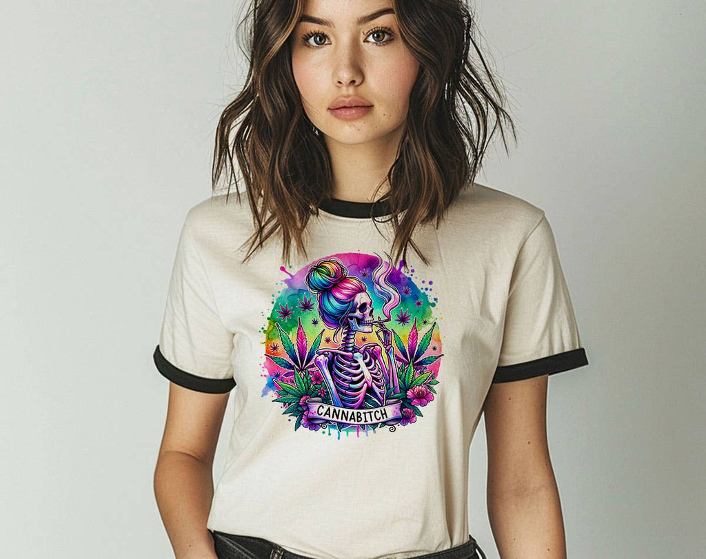 Cannabitch Skeleton Hippie Funny Hemp Weed Ringer - Adult & Kids T-Shirts, Sweatshirts & Hoodies apparel design preview 1