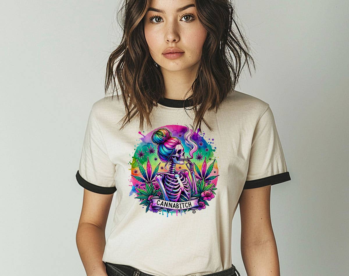 Cannabitch Skeleton Hippie Funny Hemp Weed Ringer - Adult & Kids T-Shirts, Sweatshirts & Hoodies apparel design preview 1