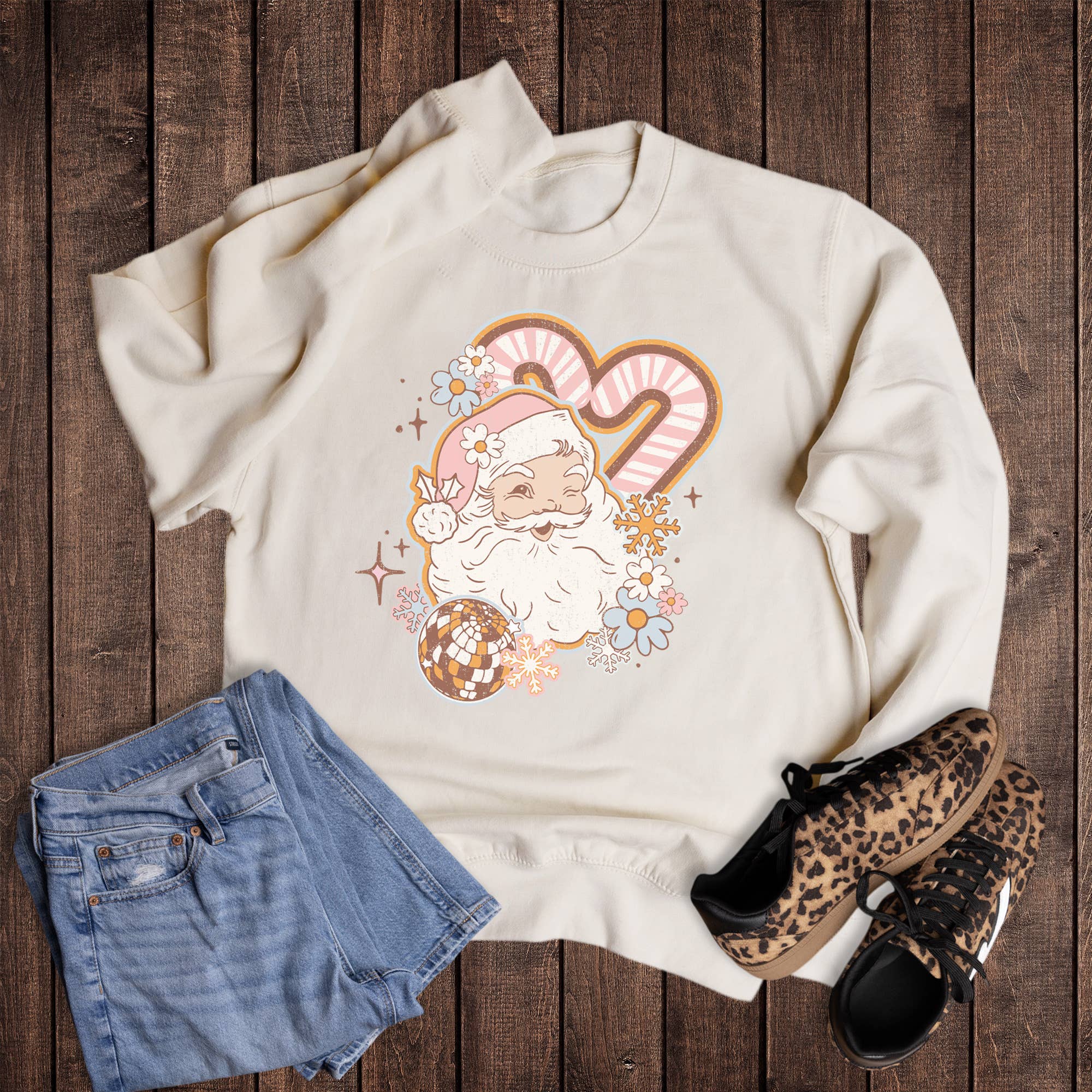 Boho Floral Santa Candy Canes - Adult & Kids T-Shirts, Sweatshirts & Hoodies apparel design preview 1
