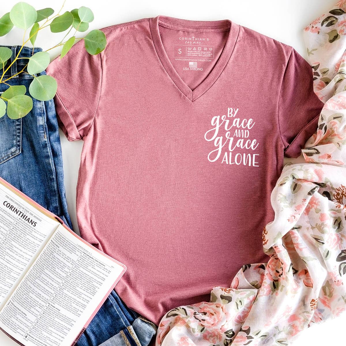 By Grace and Alone Bible Verse V-Neck - Adult & Kids T-Shirts, Sweatshirts & Hoodies apparel design preview 1
