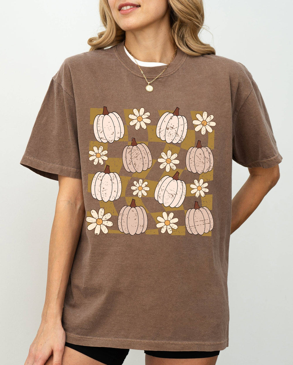 Checkered Pumpkins Daisies Flowers Halloween Autumn - Adult & Kids T-Shirts, Sweatshirts & Hoodies apparel design preview 1