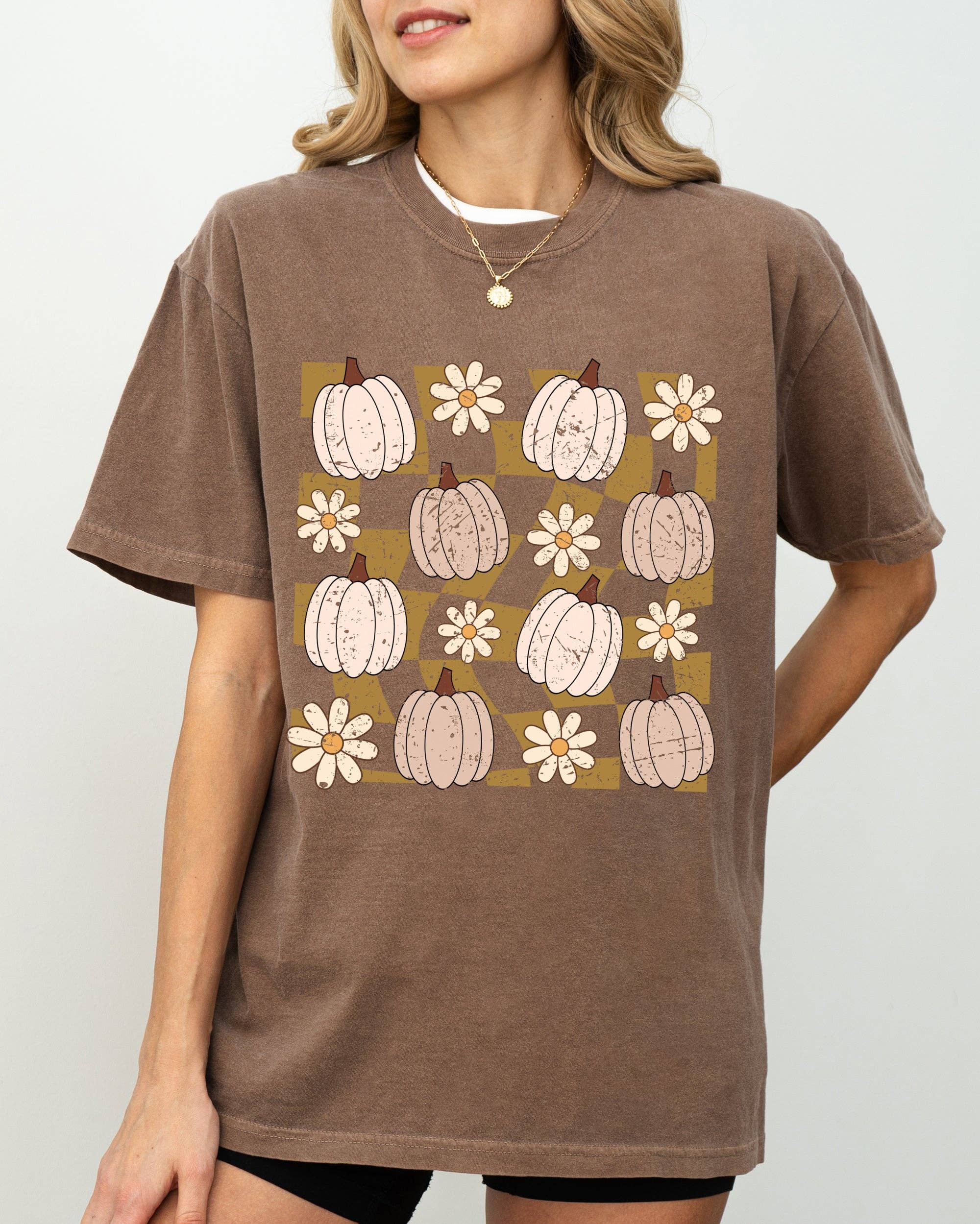 Checkered Pumpkins Daisies Flowers Halloween Autumn - Adult & Kids T-Shirts, Sweatshirts & Hoodies apparel design preview 1