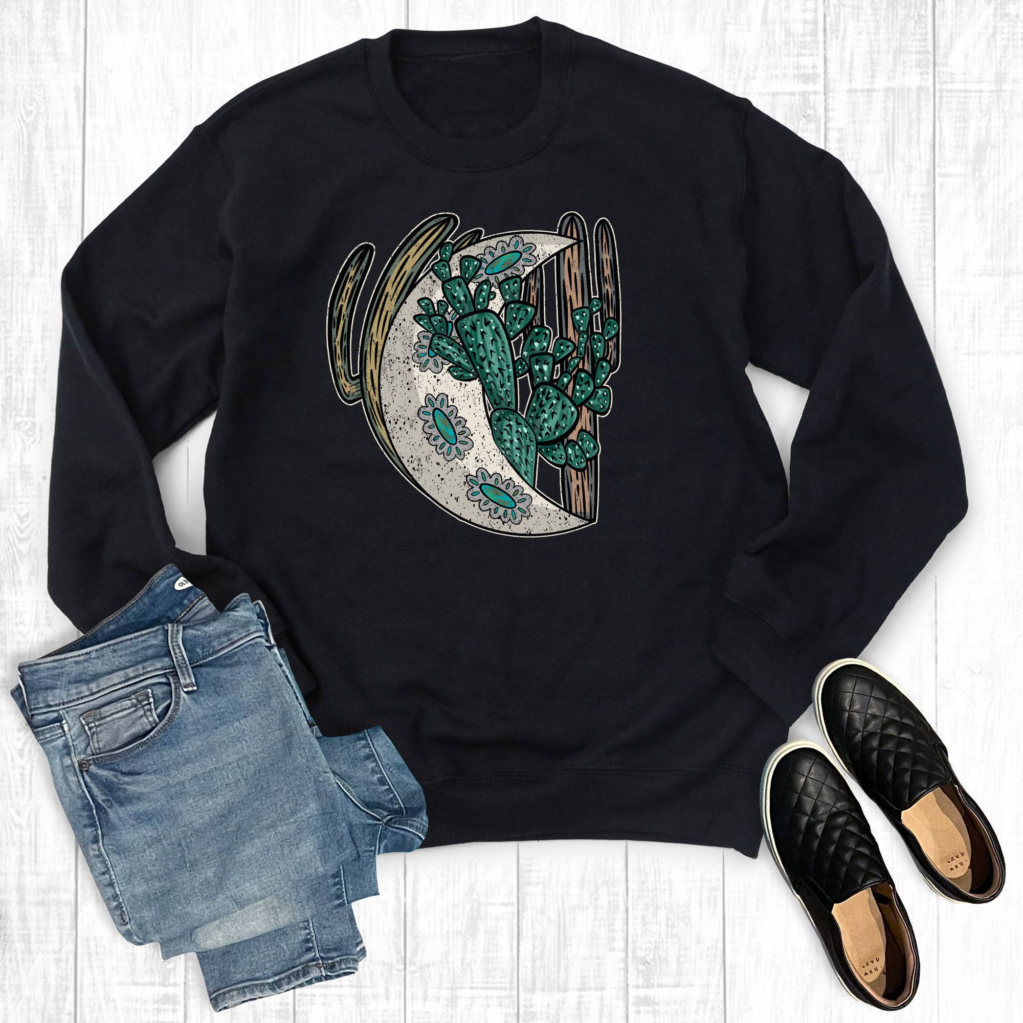 Western Turquoise Cactus Desert Moon - Adult & Kids T-Shirts, Sweatshirts & Hoodies apparel design preview 1