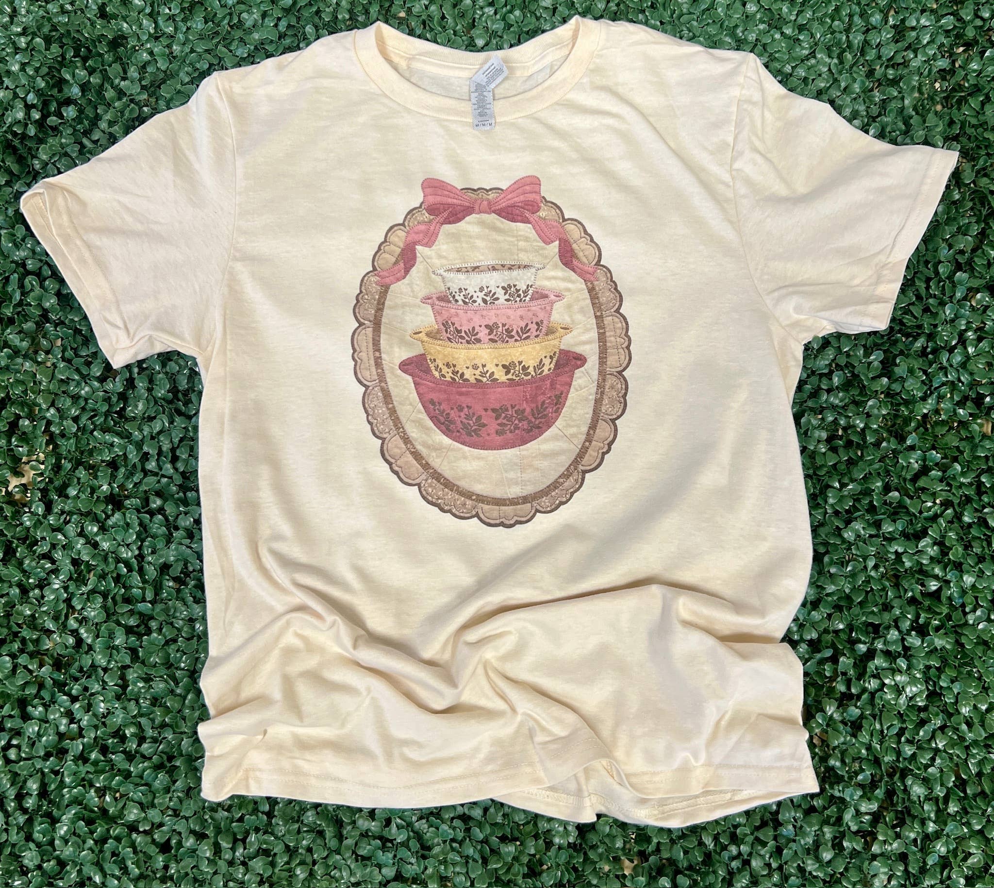 Vintage Pink Nesting Bowls On Cream - Adult & Kids T-Shirts, Sweatshirts & Hoodies apparel design preview 1