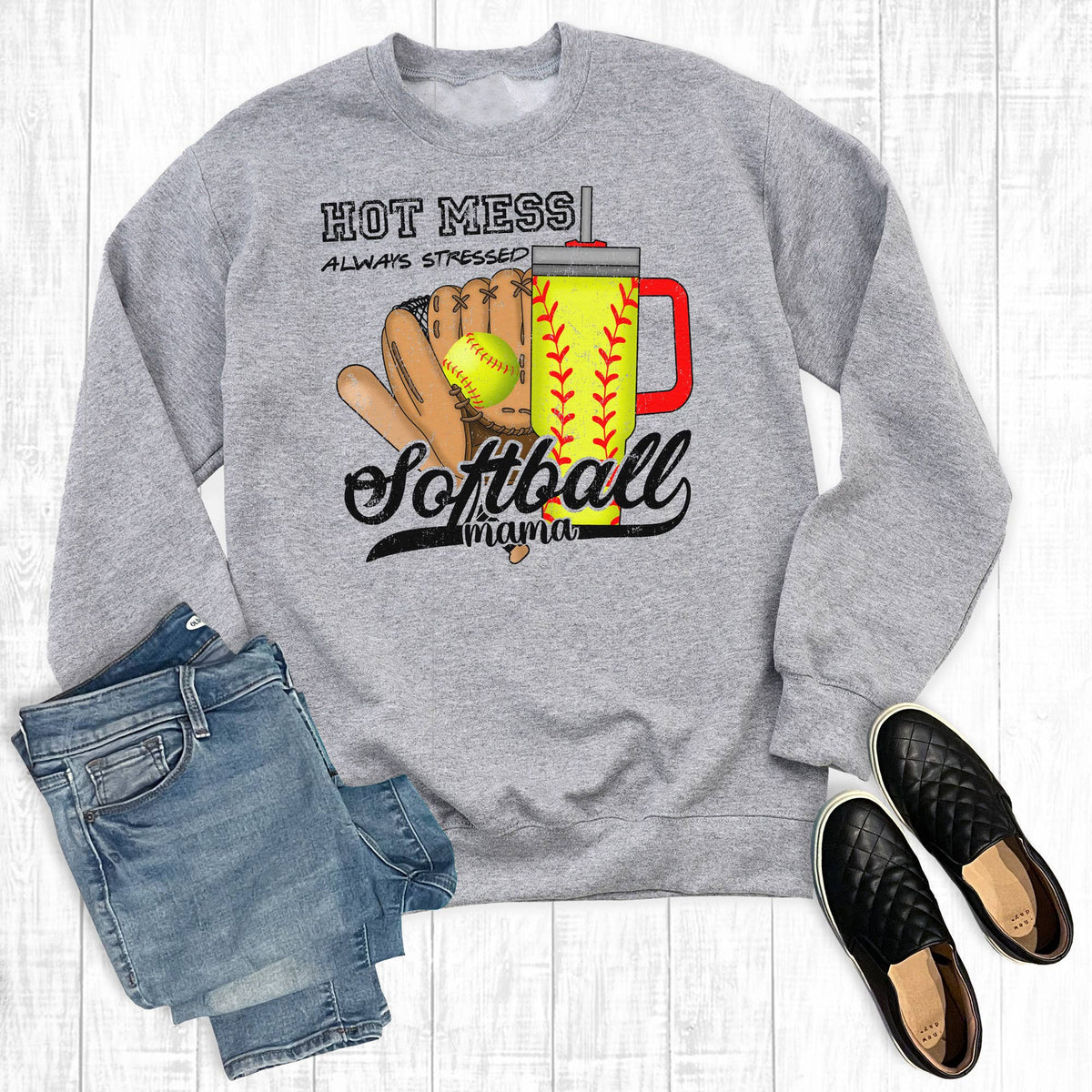 Hot Mess Always Stressed Softball Mama - Adult & Kids T-Shirts, Sweatshirts & Hoodies apparel design preview 1