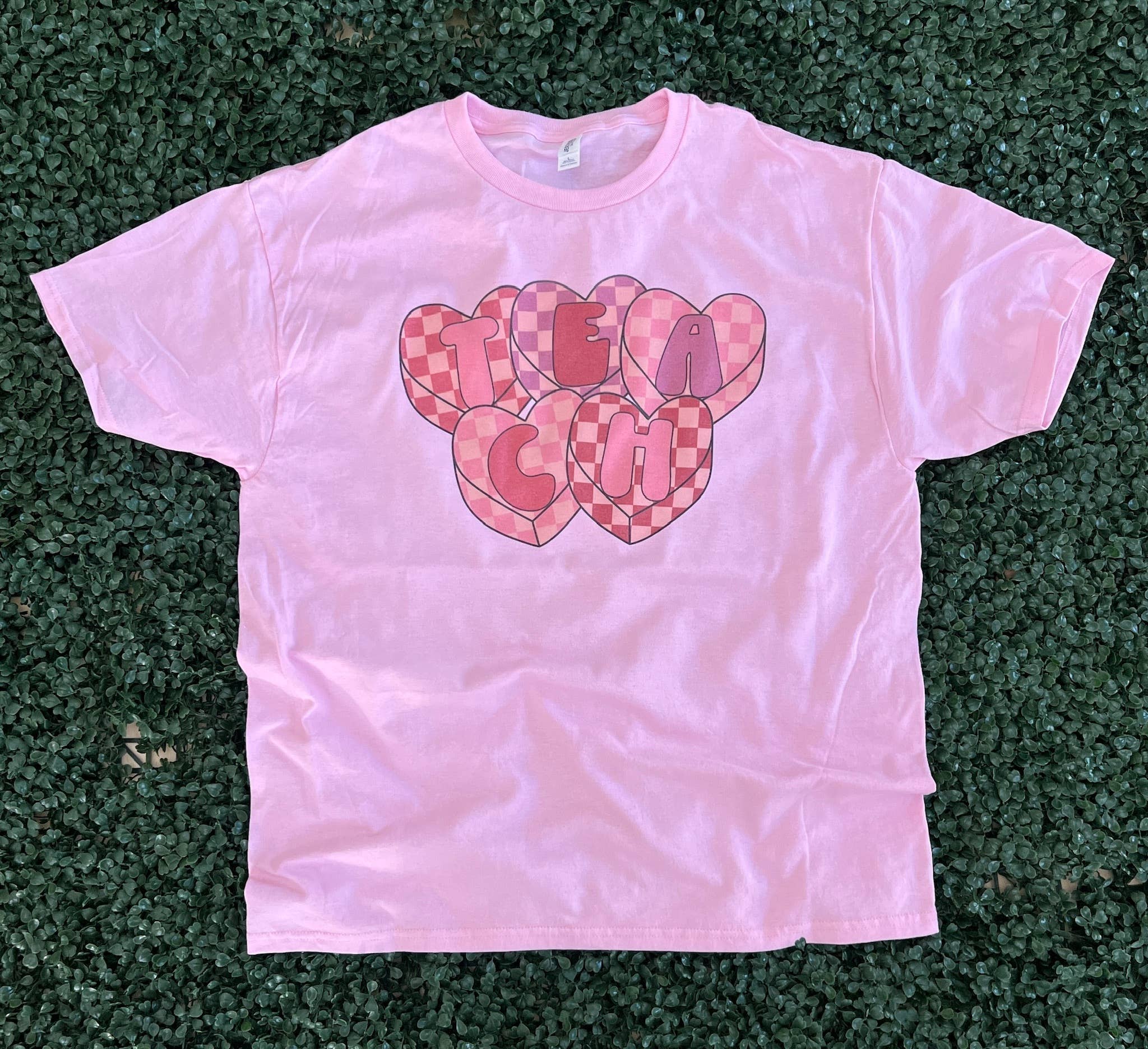 Checkered Hearts T E A C H On Jerzees Pink - Adult & Kids T-Shirts, Sweatshirts & Hoodies apparel design preview 1