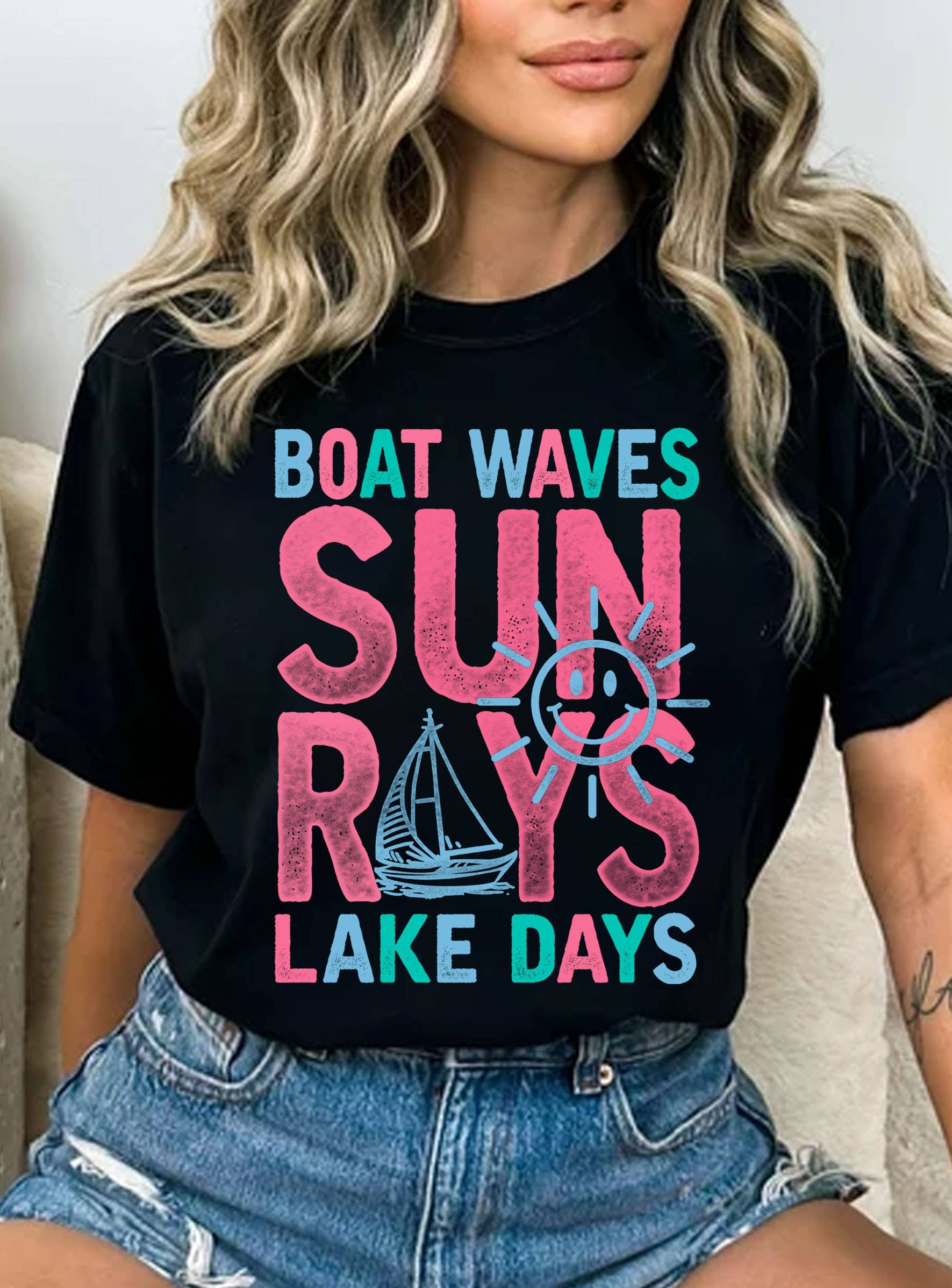 Boat Waves Sun Ray Lake Days Graphic - Adult & Kids T-Shirts, Sweatshirts & Hoodies apparel design preview 1
