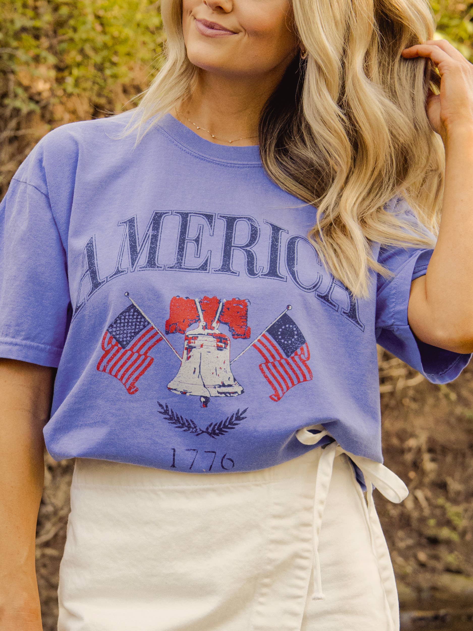 4th of July American Bell Flo Blue Comfort Colors - Adult & Kids T-Shirts, Sweatshirts & Hoodies apparel design preview 1