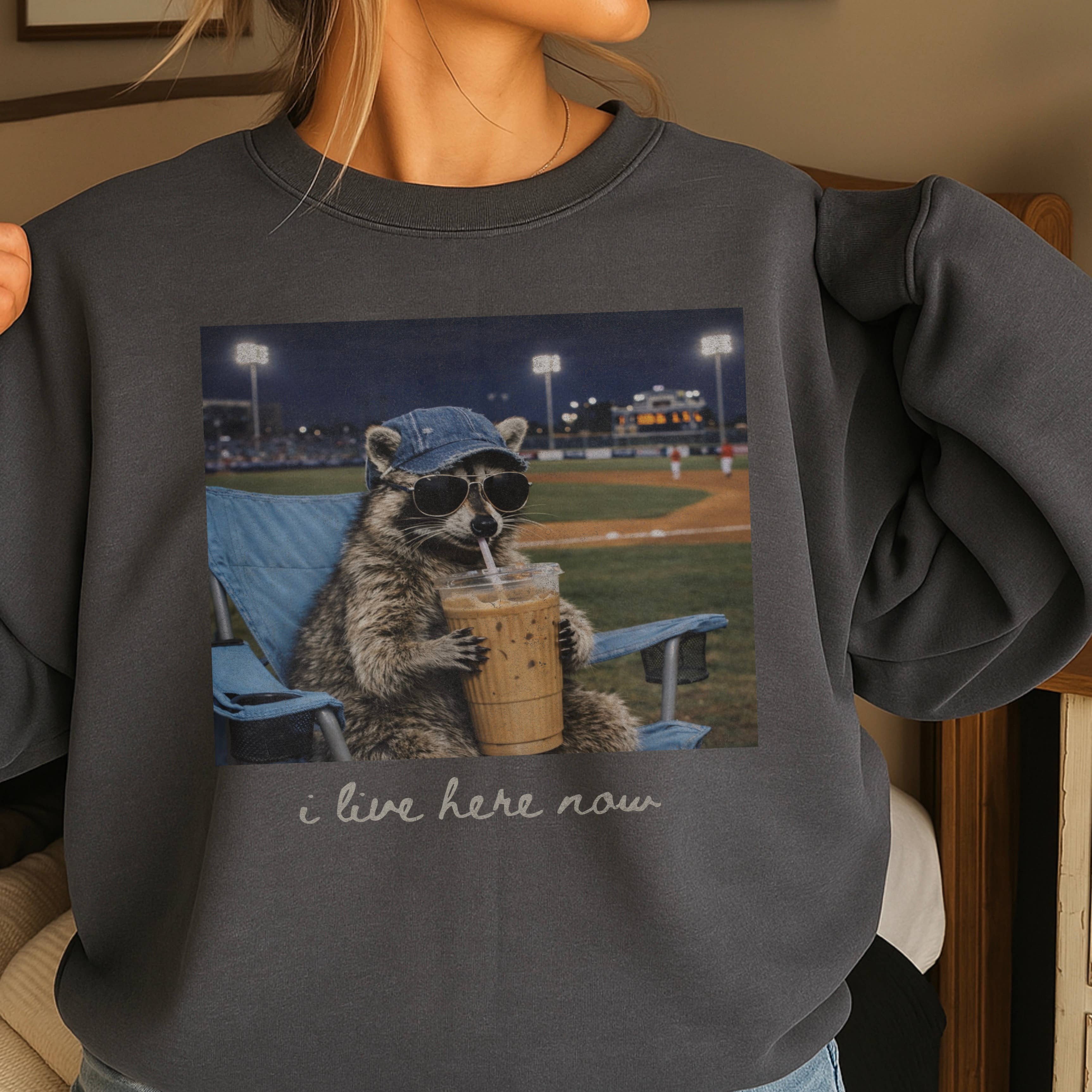 I Live Here Now Raccoon Baseball Gildan Brand - Adult & Kids T-Shirts, Sweatshirts & Hoodies apparel design preview 1