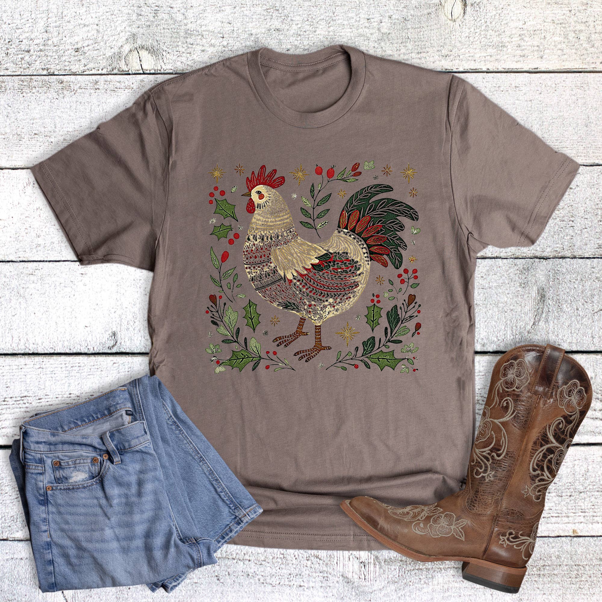 Christmas Western Boho Chicken Graphic - Adult & Kids T-Shirts, Sweatshirts & Hoodies apparel design preview 1