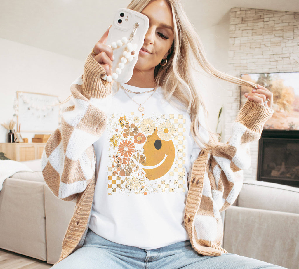 Floral Happy Face Square Graphic Smile - Adult & Kids T-Shirts, Sweatshirts & Hoodies apparel design preview 1