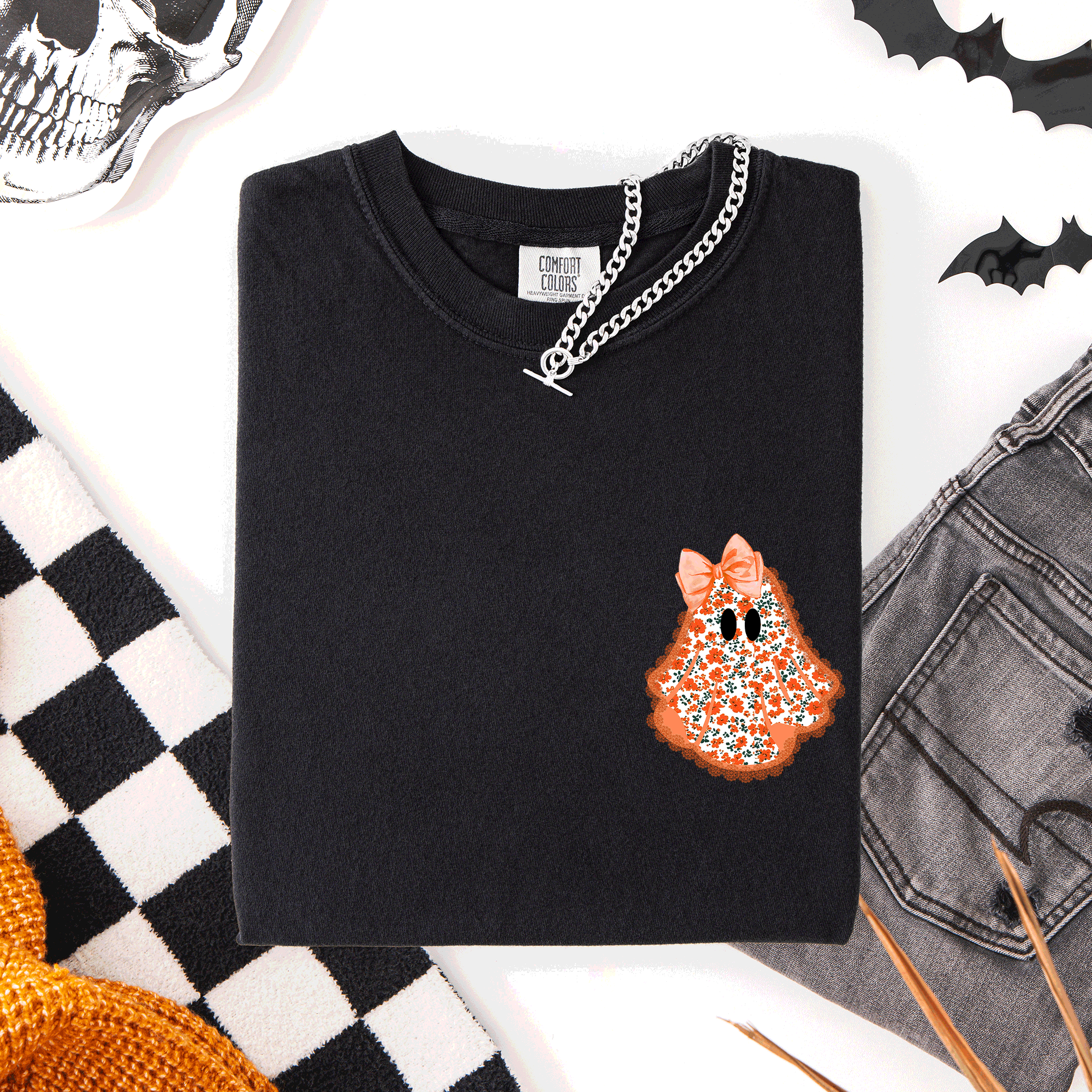 Cute Coquette, Faux Lace Ghost, Halloween, Pocket - Adult & Kids T-Shirts, Sweatshirts & Hoodies apparel design preview 1