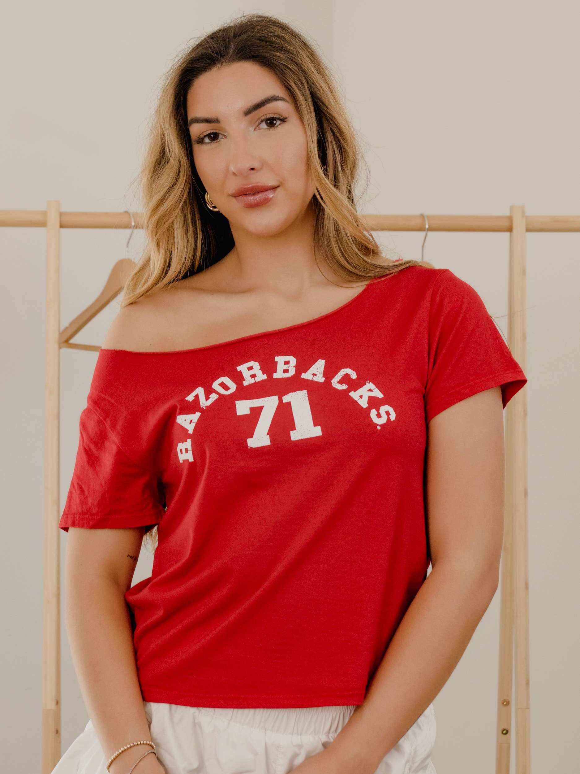 Arkansas Razorbacks College Arch Red Off Shoulder - Adult & Kids T-Shirts, Sweatshirts & Hoodies apparel design preview 1