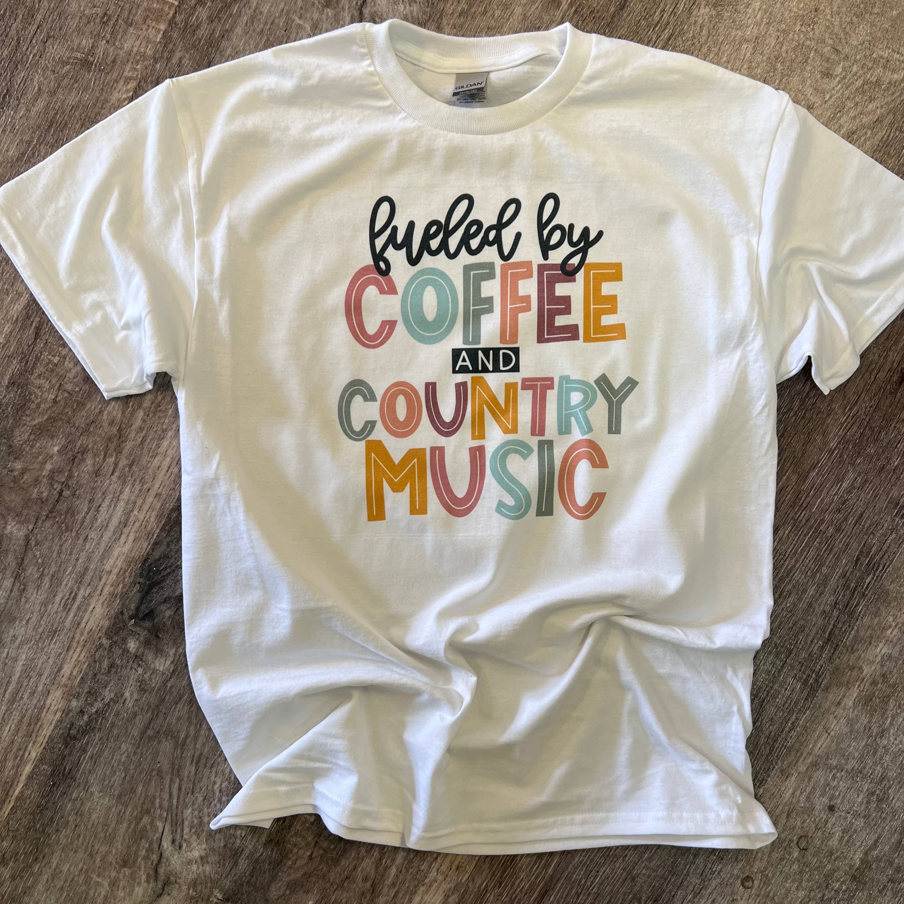 Fueled By Coffee and Country Music On White - Adult & Kids T-Shirts, Sweatshirts & Hoodies apparel design preview 1
