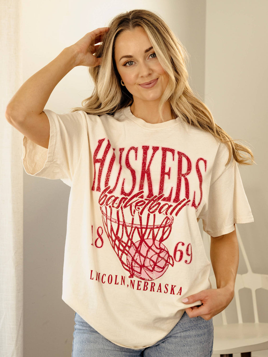 Nebraska Huskers Big Basketball Off White Thrifted - Adult & Kids T-Shirts, Sweatshirts & Hoodies apparel design preview 1