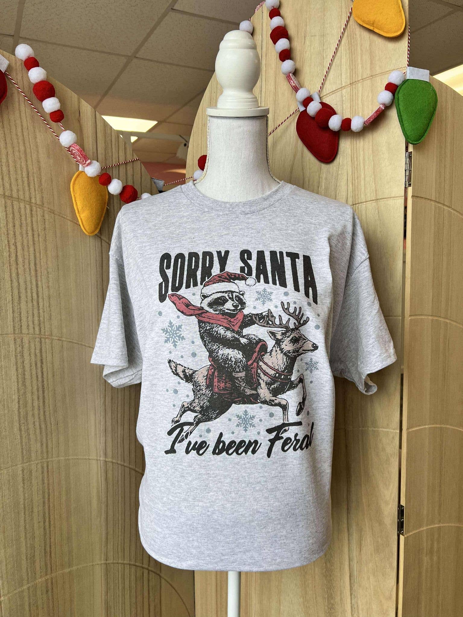 Sorry Santa I've Been Feral Raccoon On Ash Gray - Adult & Kids T-Shirts, Sweatshirts & Hoodies apparel design preview 1