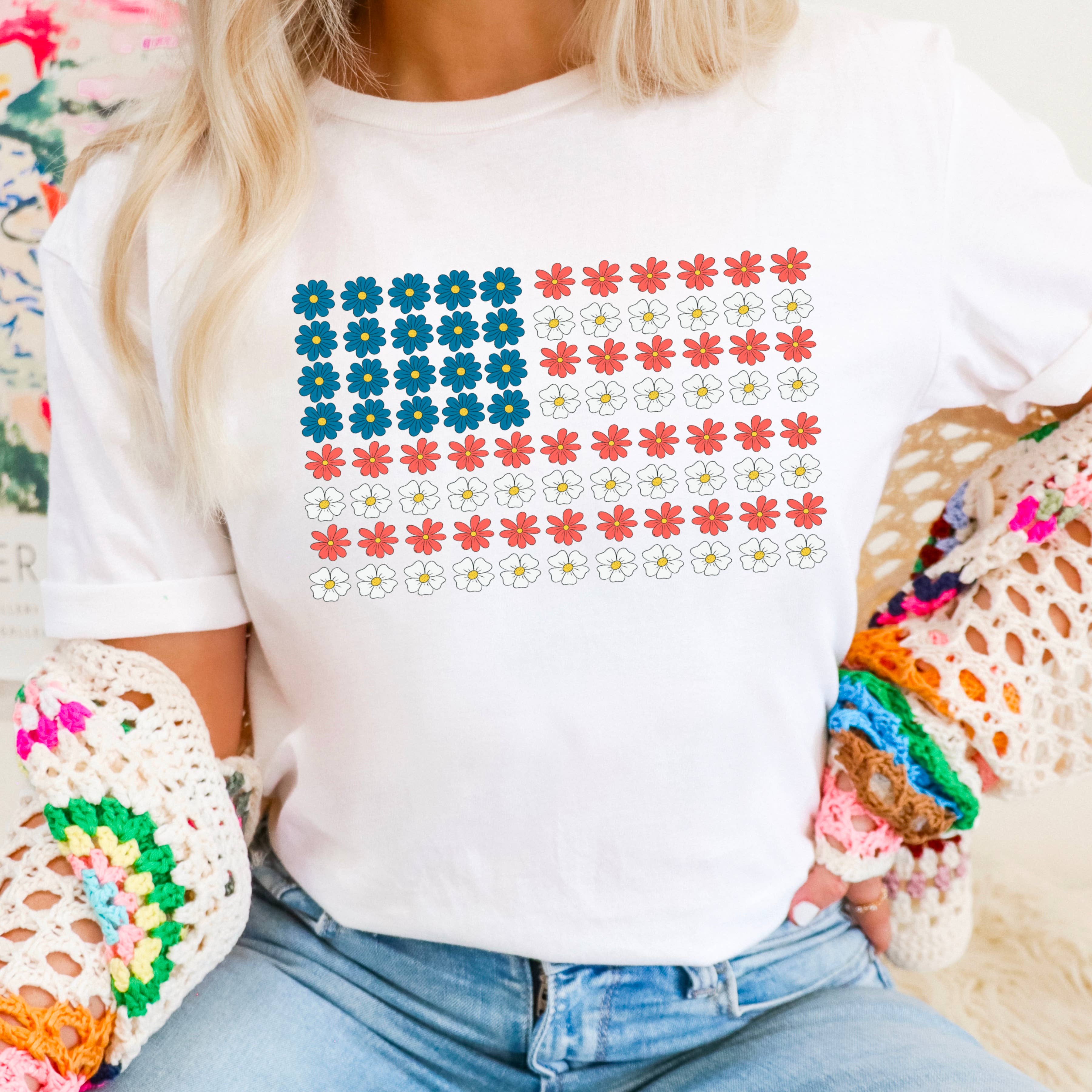 Floral American Flag July 4th Graphic Gildan - Adult & Kids T-Shirts, Sweatshirts & Hoodies apparel design preview 1