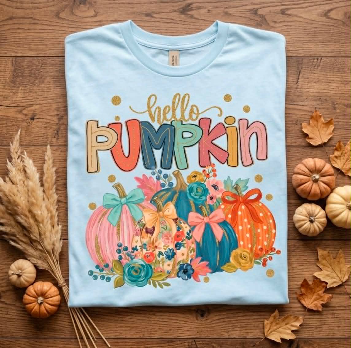 Helllo Pumpkin Blue Floral Fall Graphic - Adult & Kids T-Shirts, Sweatshirts & Hoodies apparel design preview 1