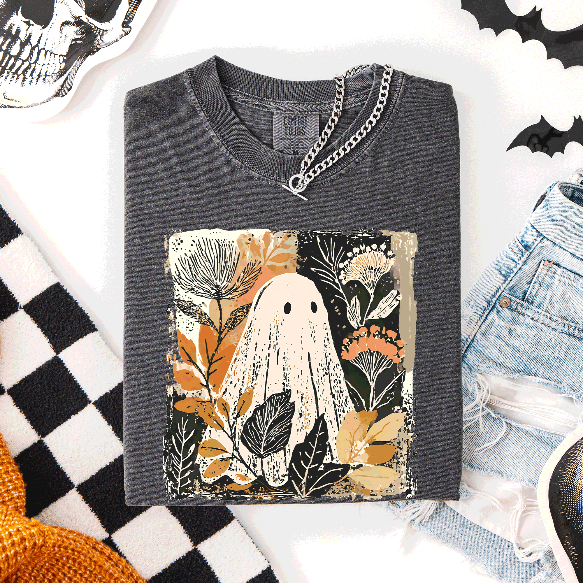 Vintage Ghost Halloween, Botanica Autumn, Fall - Adult & Kids T-Shirts, Sweatshirts & Hoodies apparel design preview 1